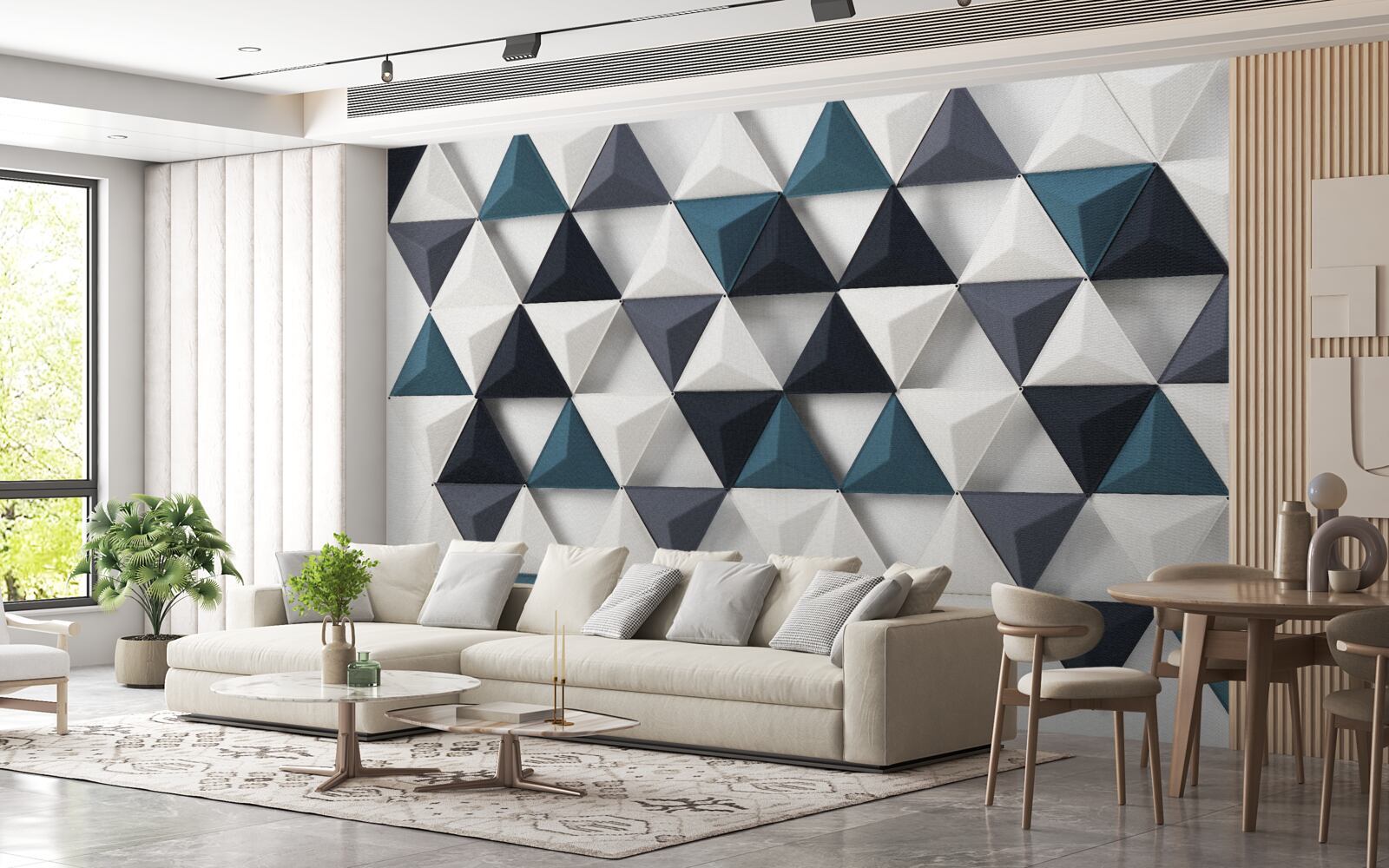 Fototapeta objemové trojuholníky v bielych a smaragdových odtieňoch