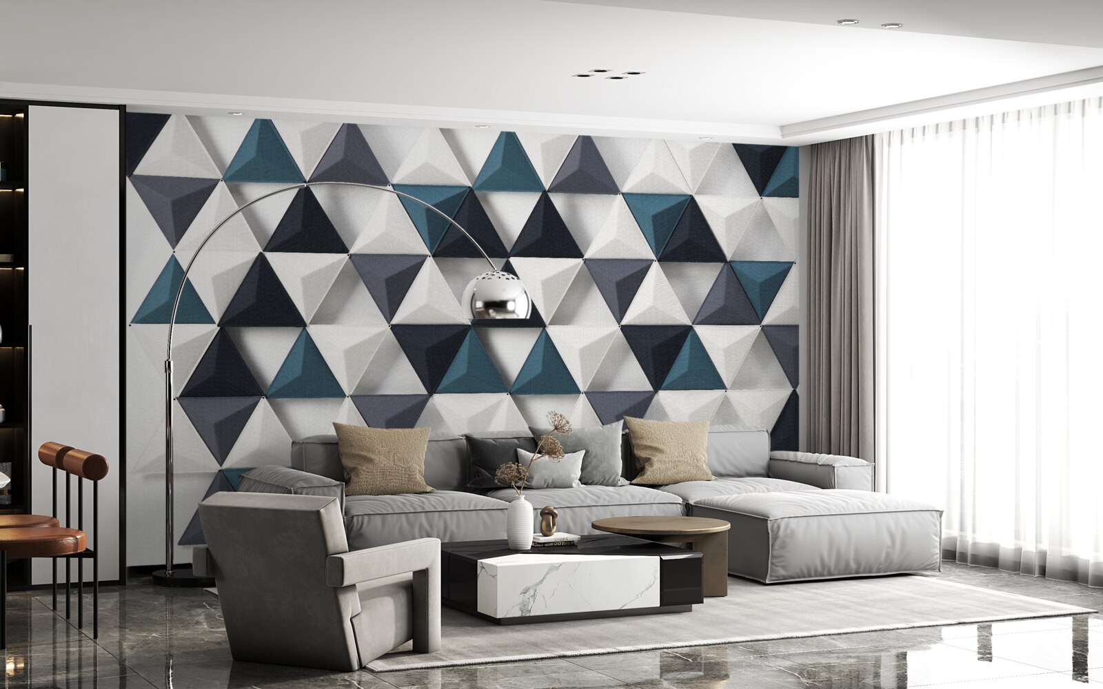 Fototapeta objemové trojuholníky v bielych a smaragdových odtieňoch