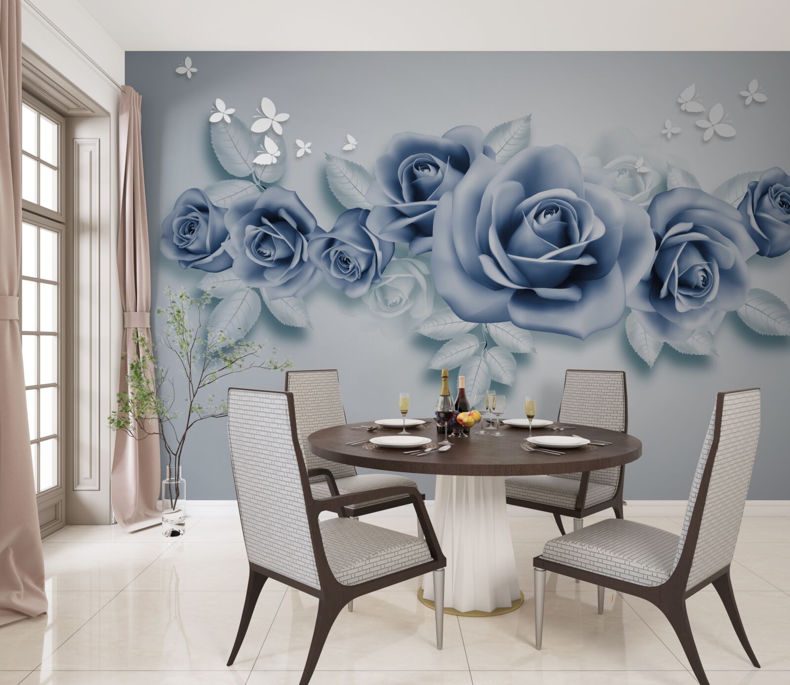 Fototapeta Snehobiele motýle a jemné modré ruže