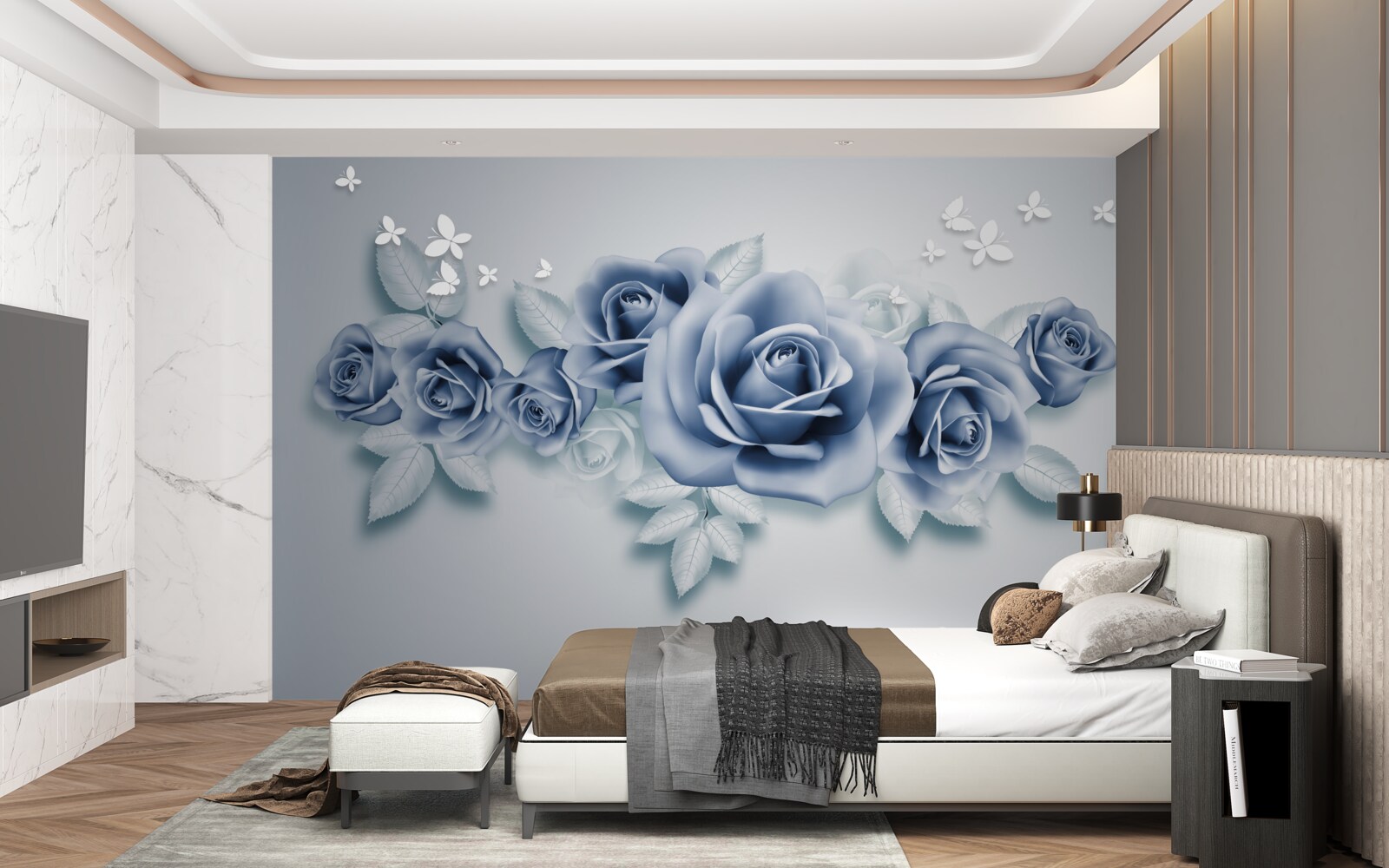 Fototapeta Snehobiele motýle a jemné modré ruže