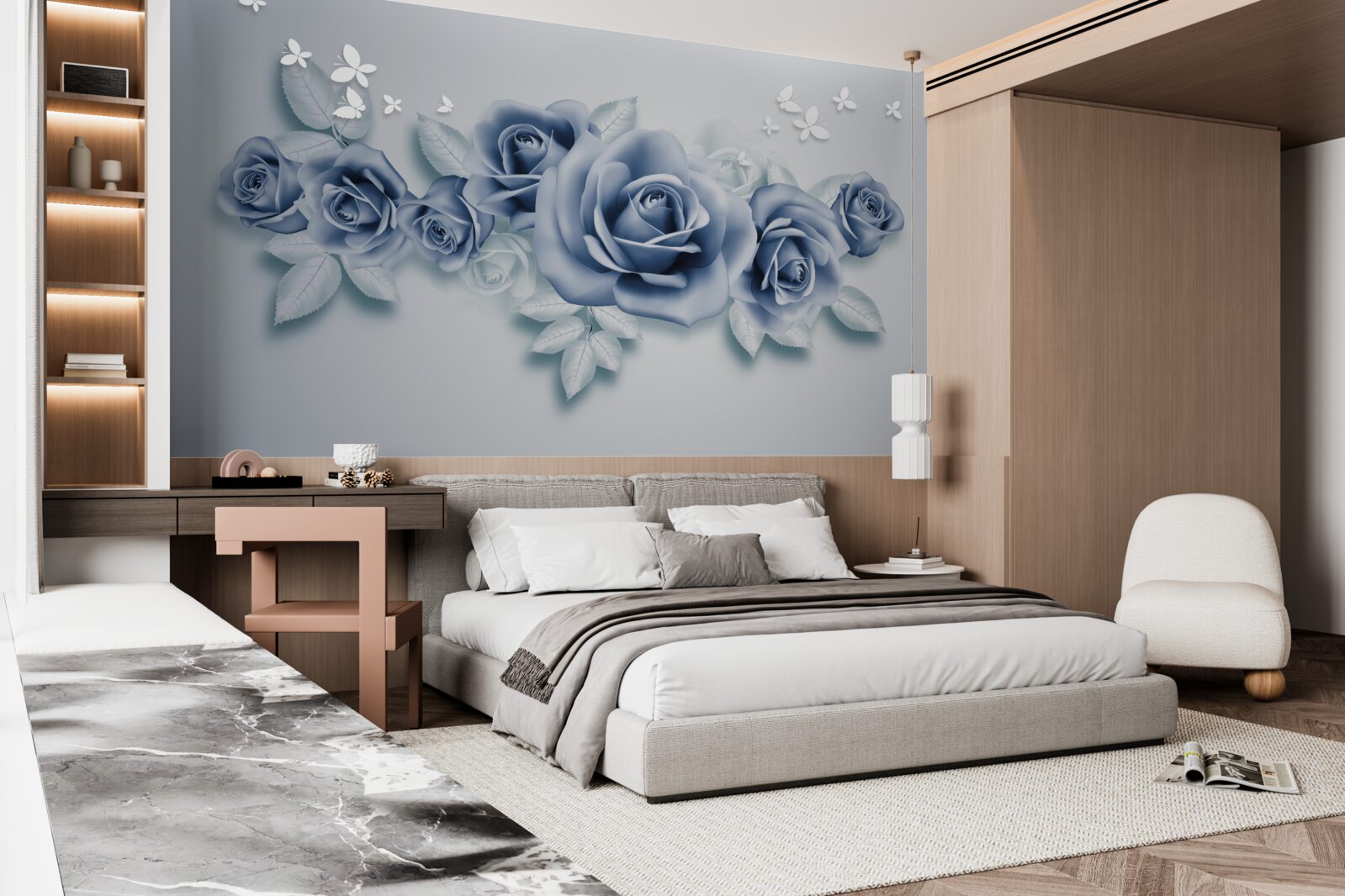 Fototapeta Snehobiele motýle a jemné modré ruže