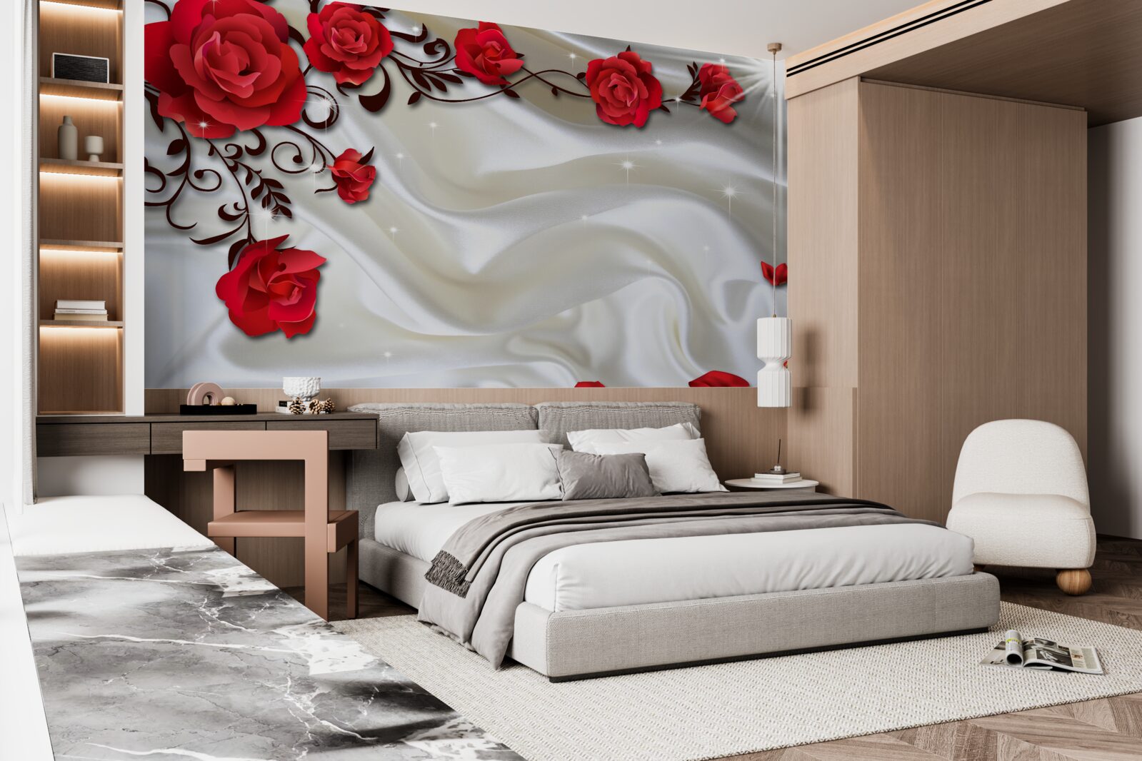 Fototapeta konáre červených ruží na mäkkom hodvábnom pozadí