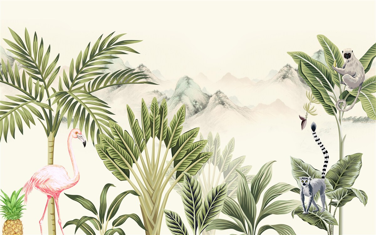 Fototapeta exotické trópy a pastelové ružové plameniaky