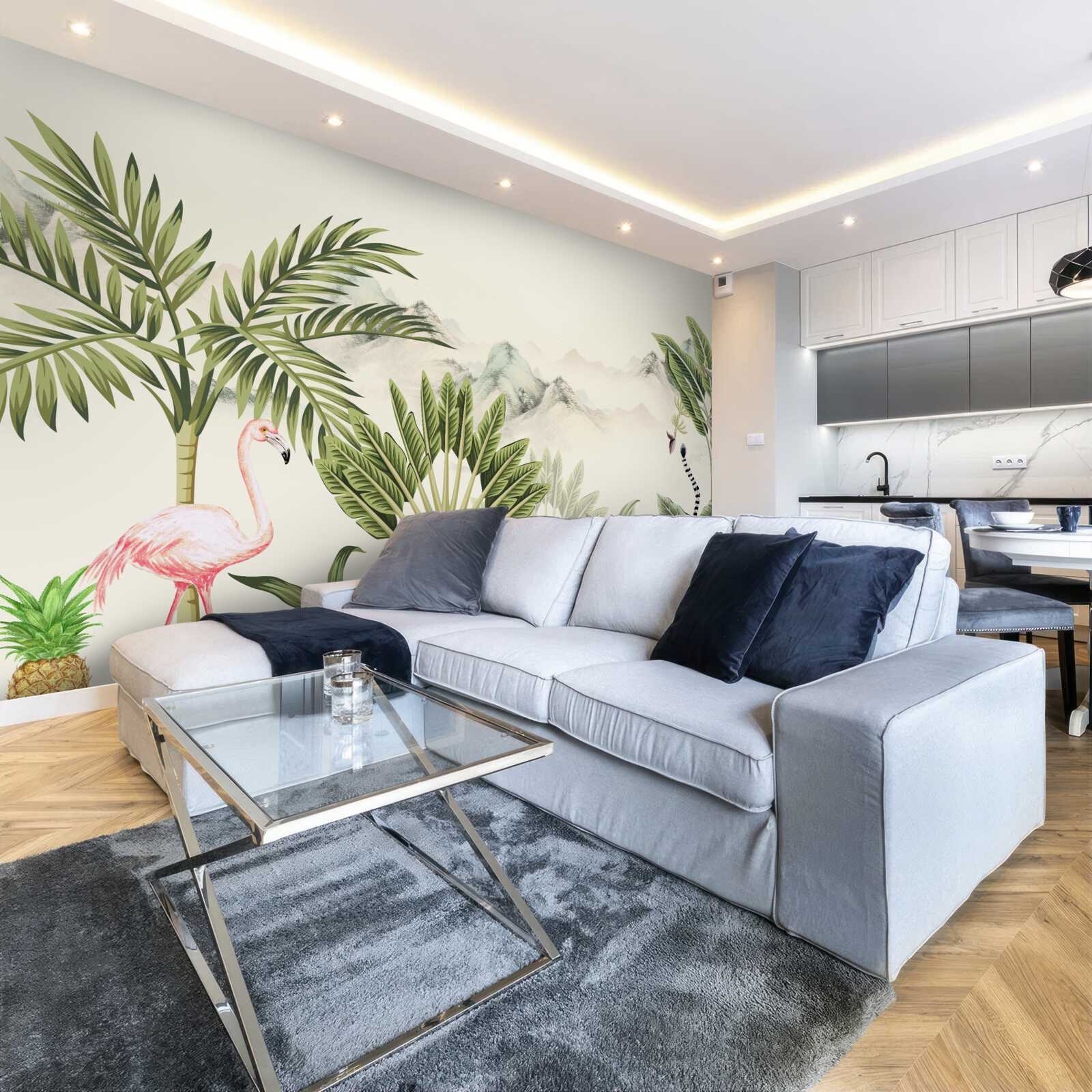 Fototapeta exotické trópy a pastelové ružové plameniaky