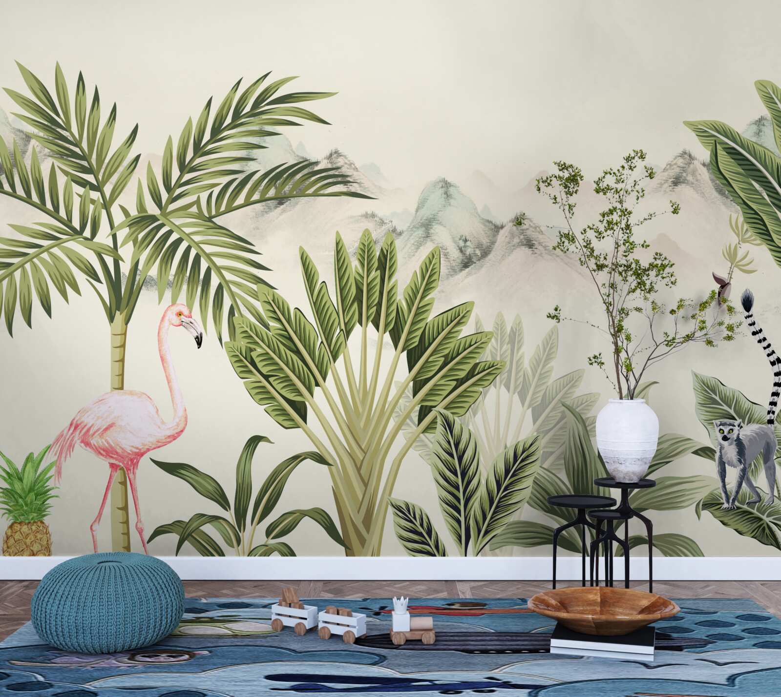 Fototapeta exotické trópy a pastelové ružové plameniaky