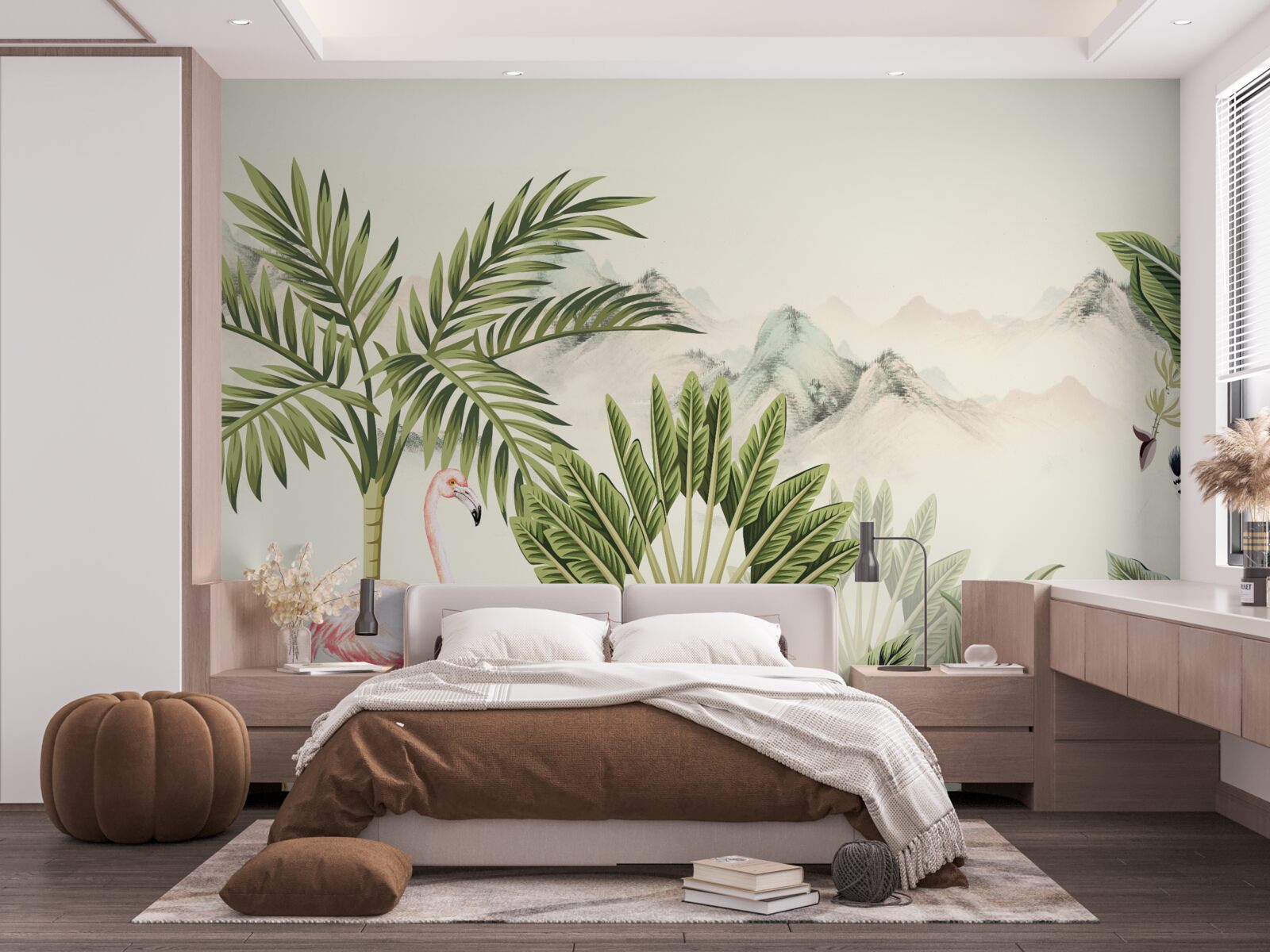 Fototapeta exotické trópy a pastelové ružové plameniaky