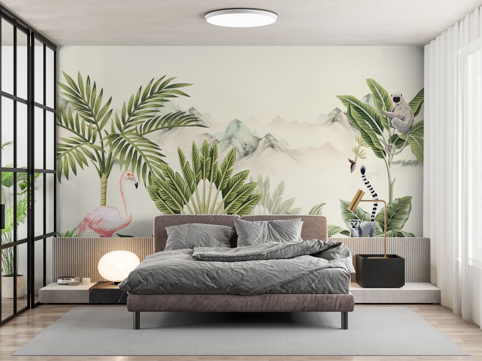 Fototapeta exotické trópy a pastelové ružové plameniaky