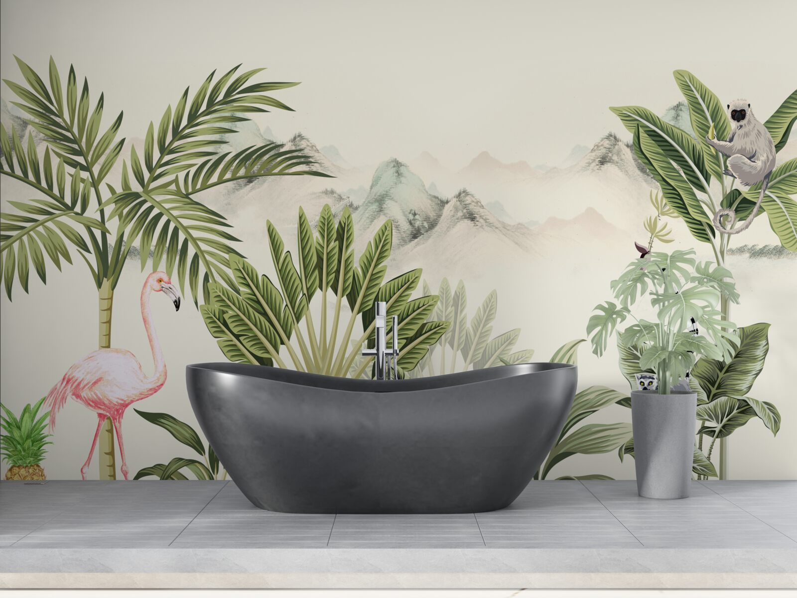 Fototapeta exotické trópy a pastelové ružové plameniaky