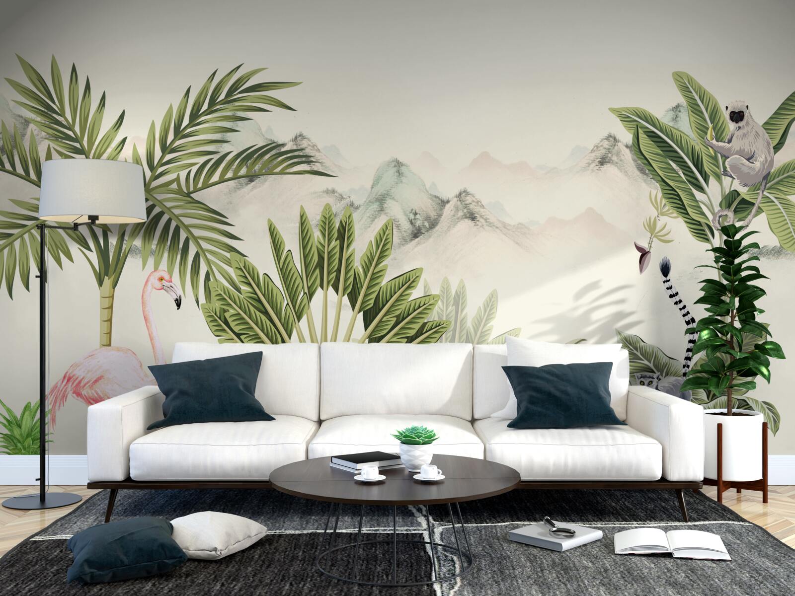 Fototapeta exotické trópy a pastelové ružové plameniaky