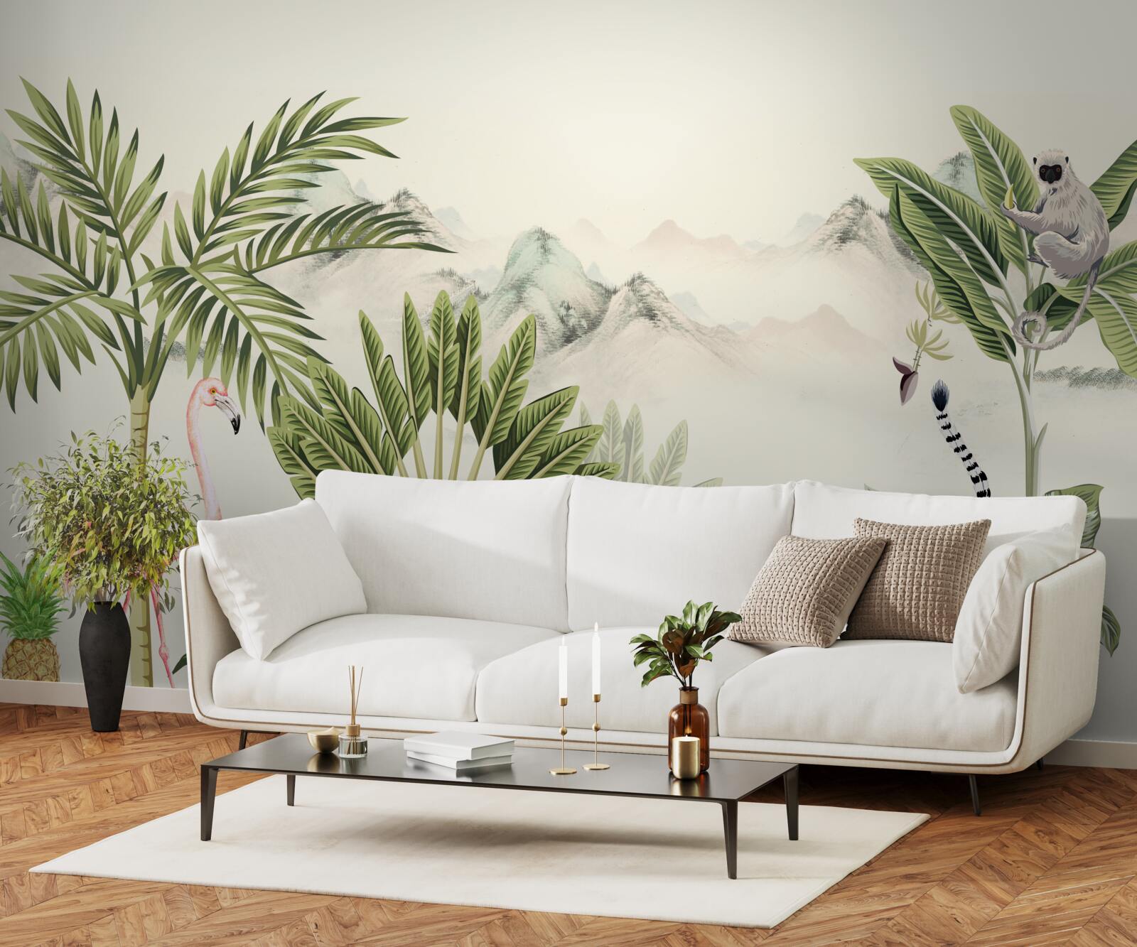 Fototapeta exotické trópy a pastelové ružové plameniaky