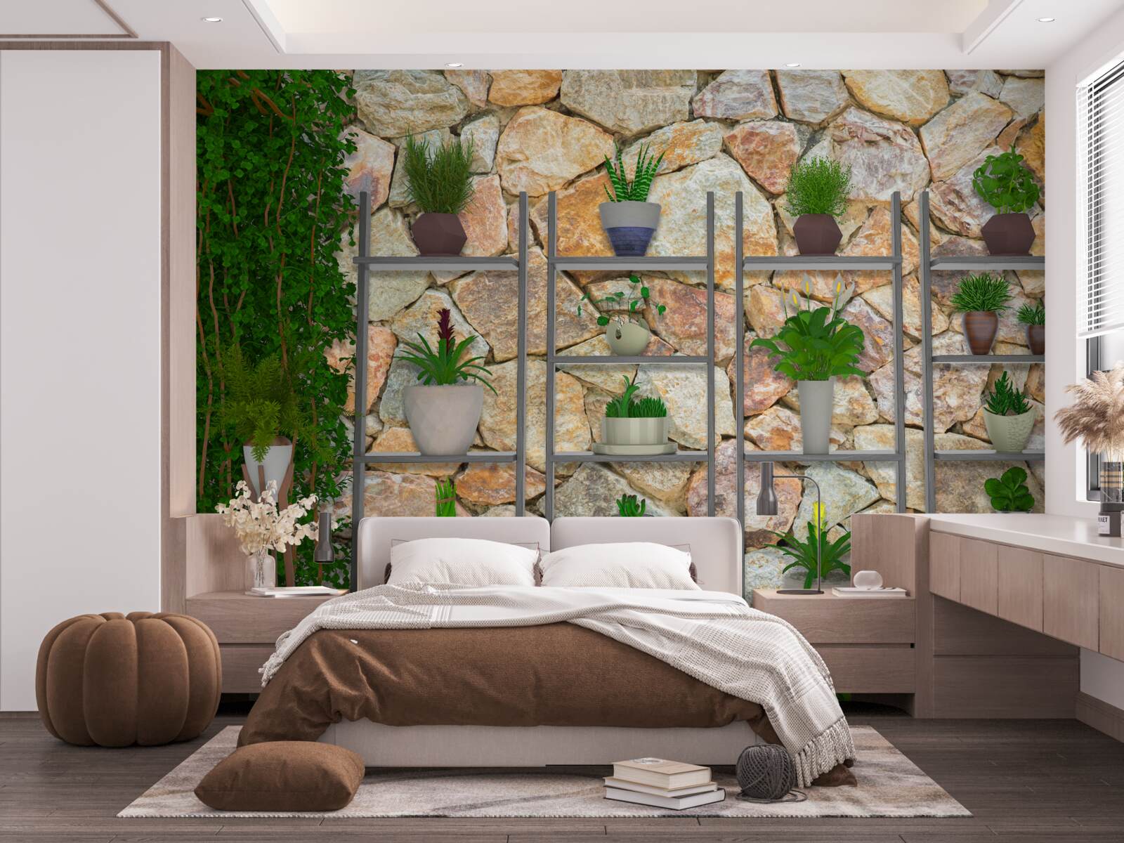 Fototapeta črepníkové rastliny na poličke, natreté zelenou farbou