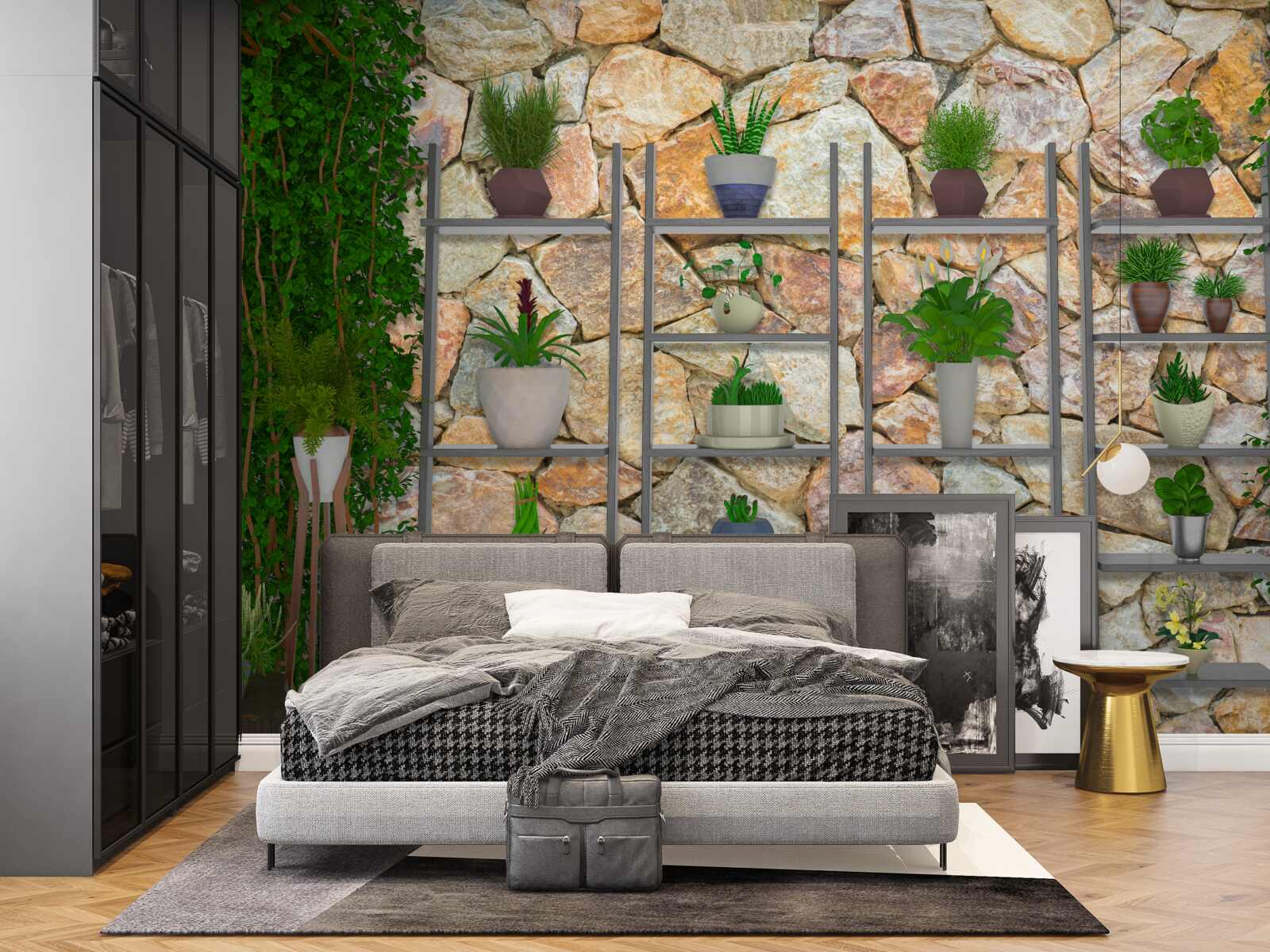 Fototapeta črepníkové rastliny na poličke, natreté zelenou farbou