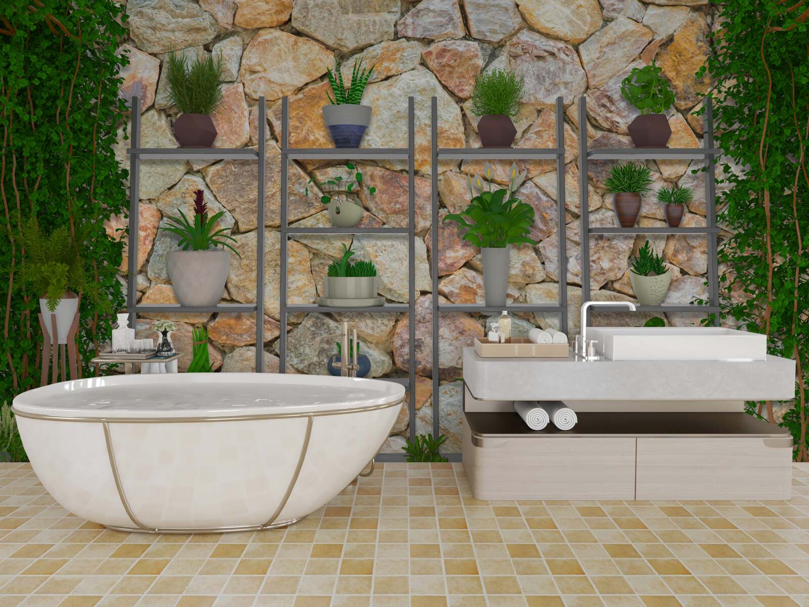 Fototapeta črepníkové rastliny na poličke, natreté zelenou farbou