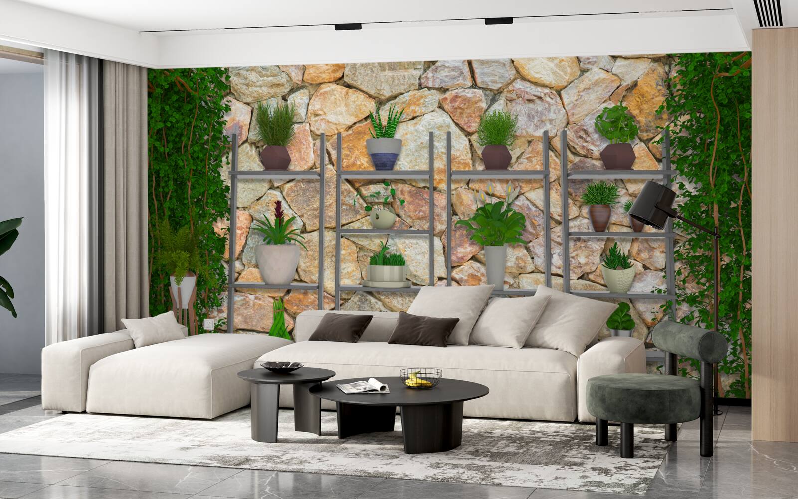 Fototapeta črepníkové rastliny na poličke, natreté zelenou farbou