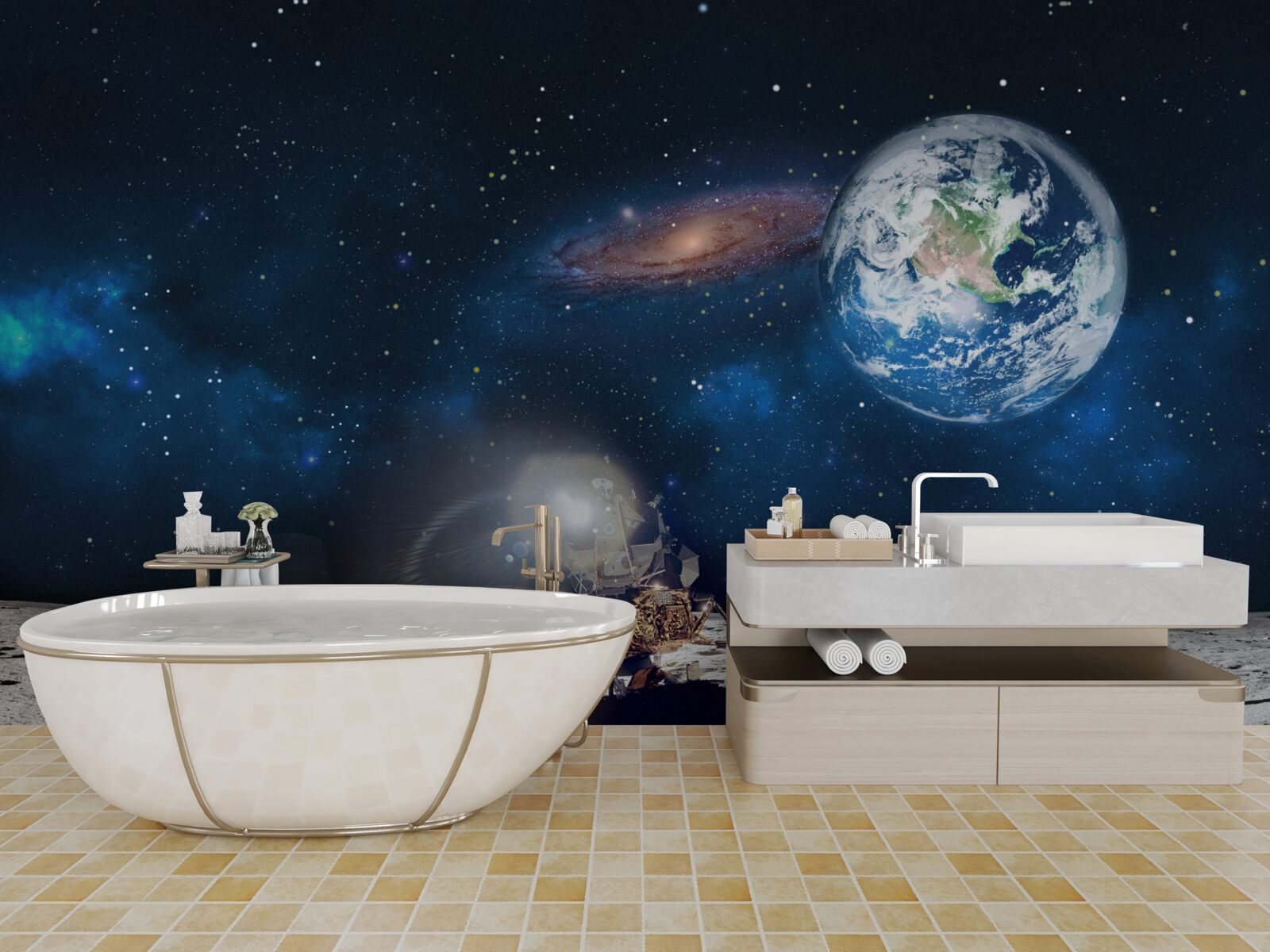 Fototapeta pohľad na Zem z kozmickej perspektívy Mesiaca s futuristickými prvkami