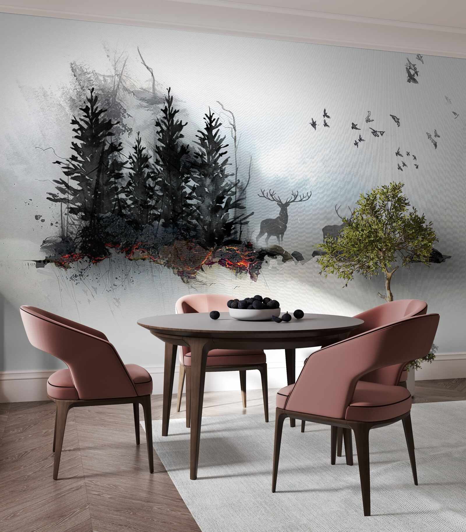 Fototapeta kŕdeľ vtákov sa lúči s jeleňom