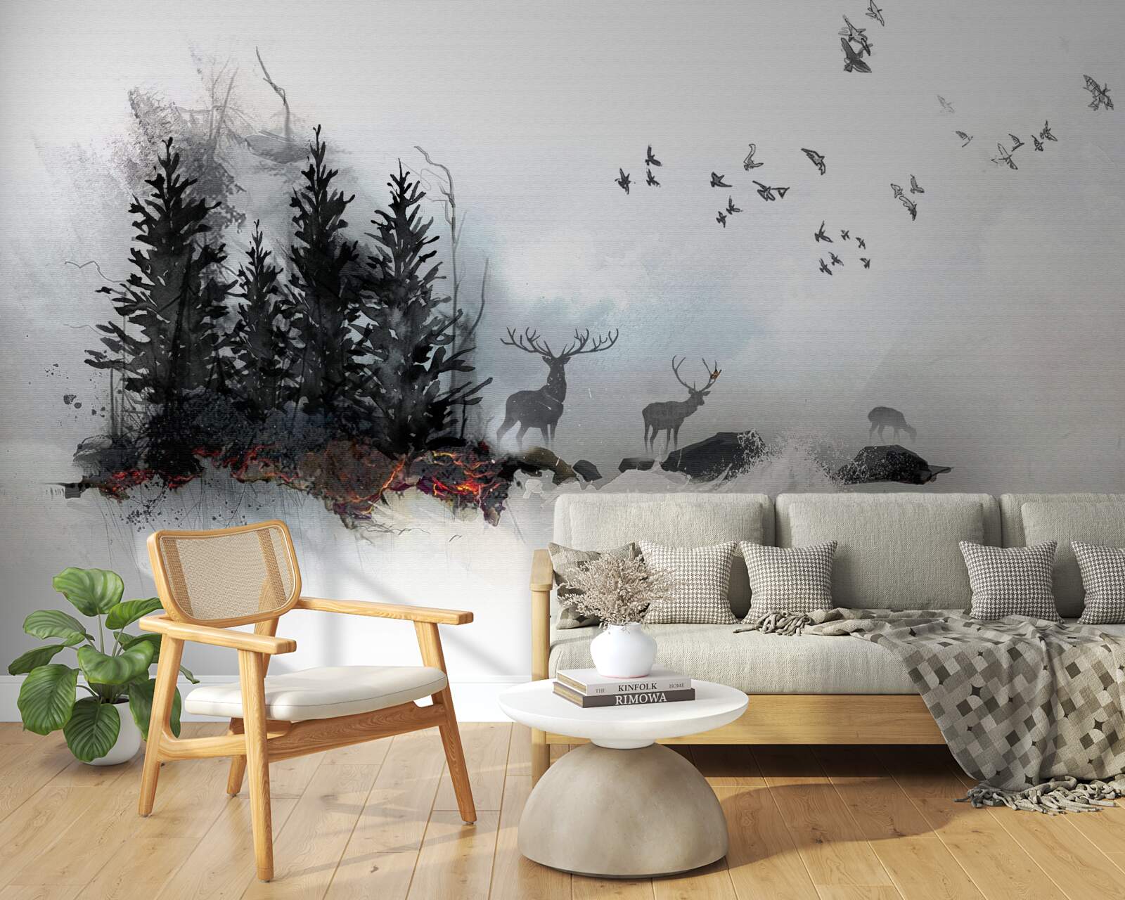 Fototapeta kŕdeľ vtákov sa lúči s jeleňom