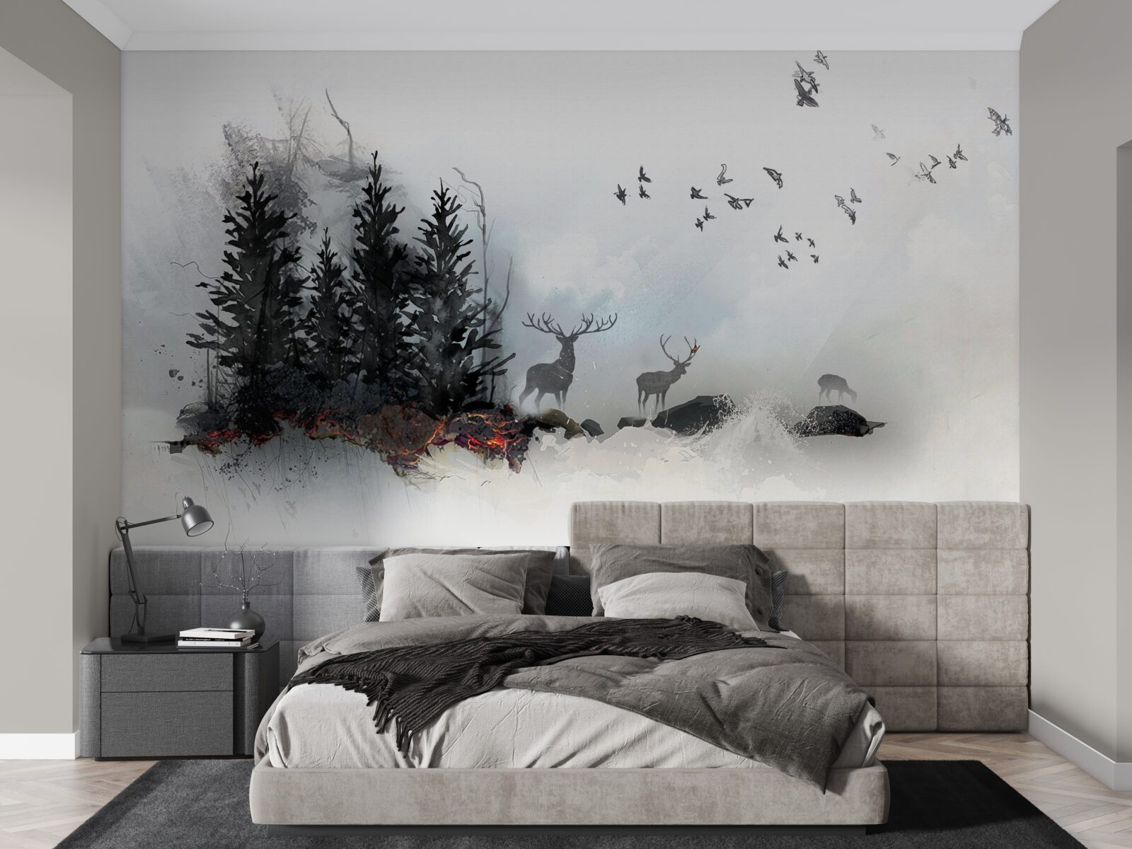 Fototapeta kŕdeľ vtákov sa lúči s jeleňom