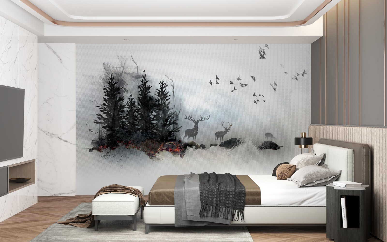 Fototapeta kŕdeľ vtákov sa lúči s jeleňom