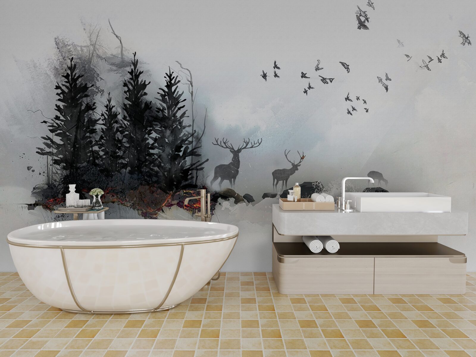 Fototapeta kŕdeľ vtákov sa lúči s jeleňom