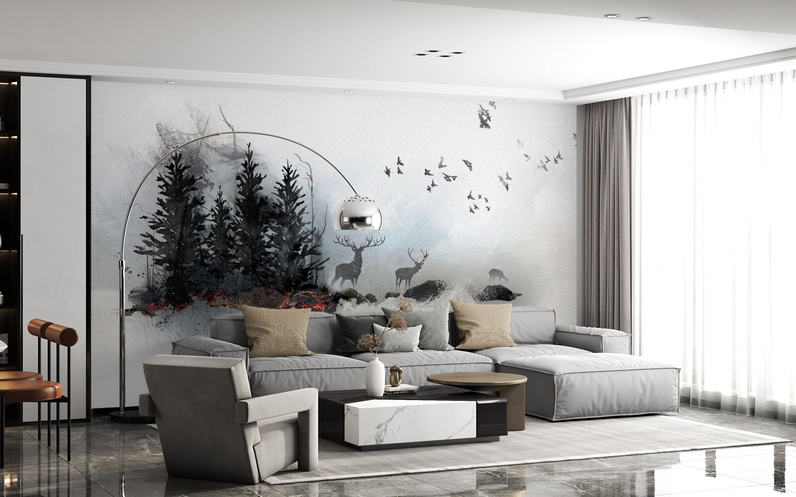 Fototapeta kŕdeľ vtákov sa lúči s jeleňom