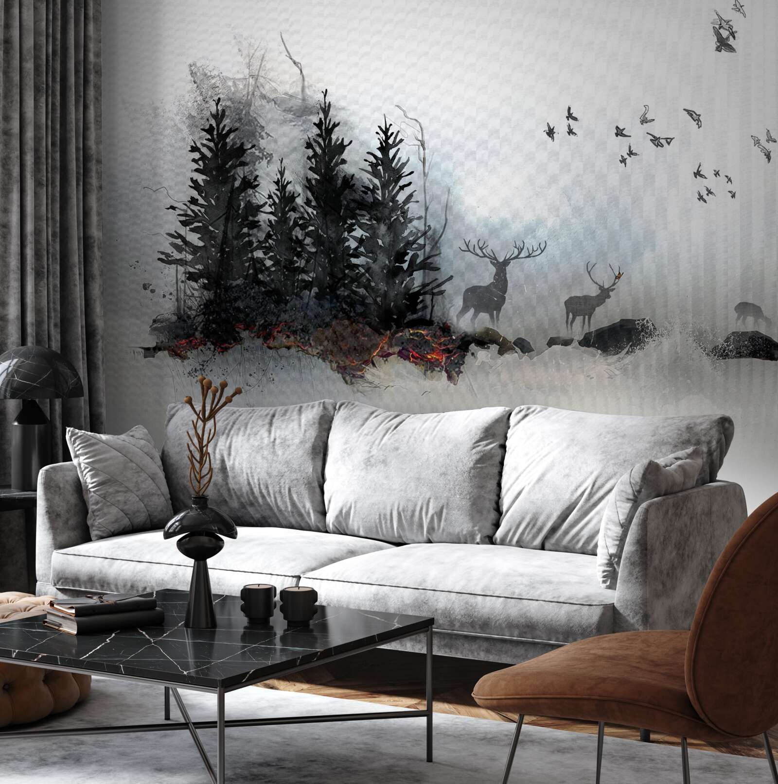 Fototapeta kŕdeľ vtákov sa lúči s jeleňom