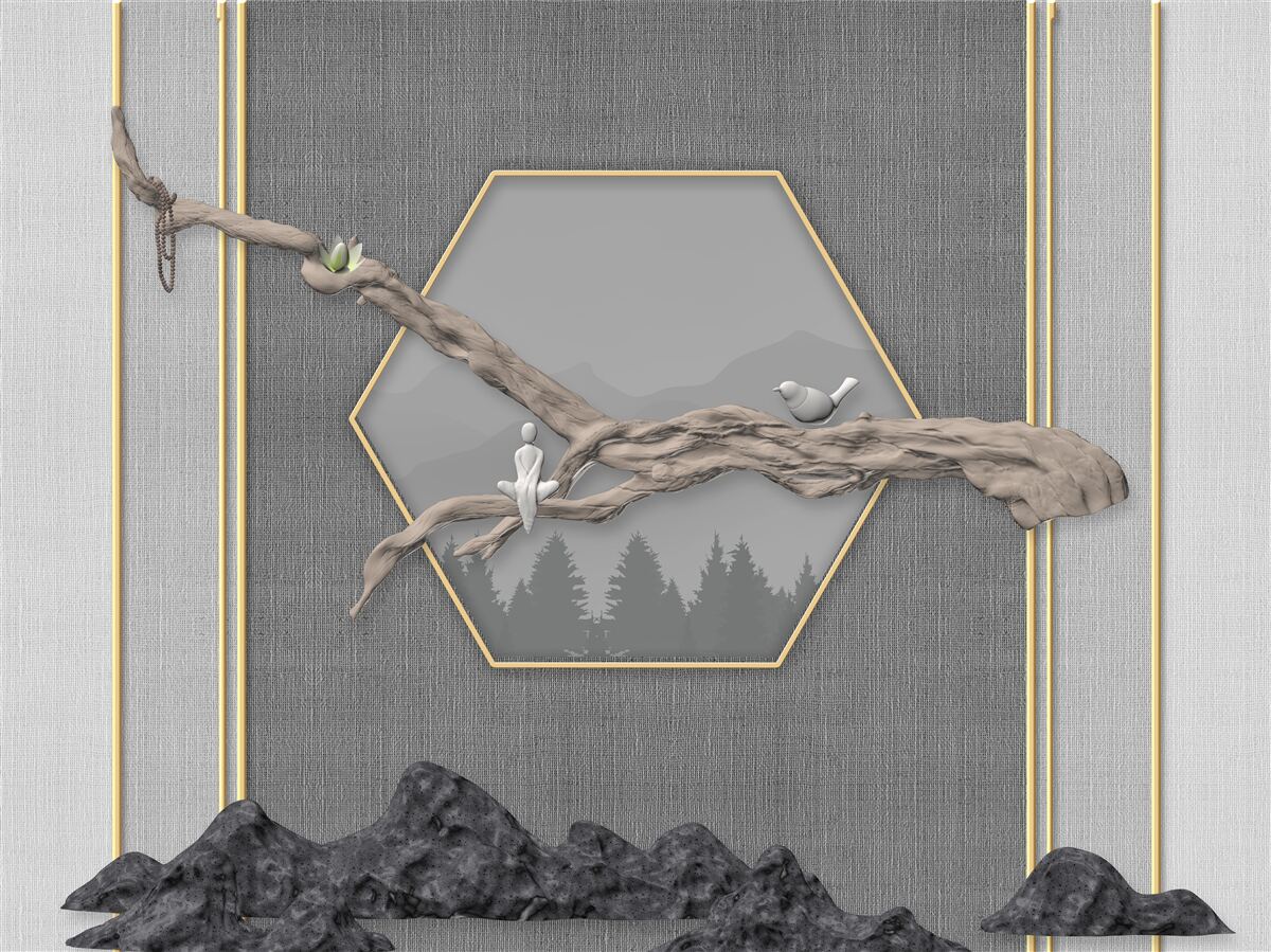 Fototapeta vtáky na konári bonsai cez tmavé horské štíty