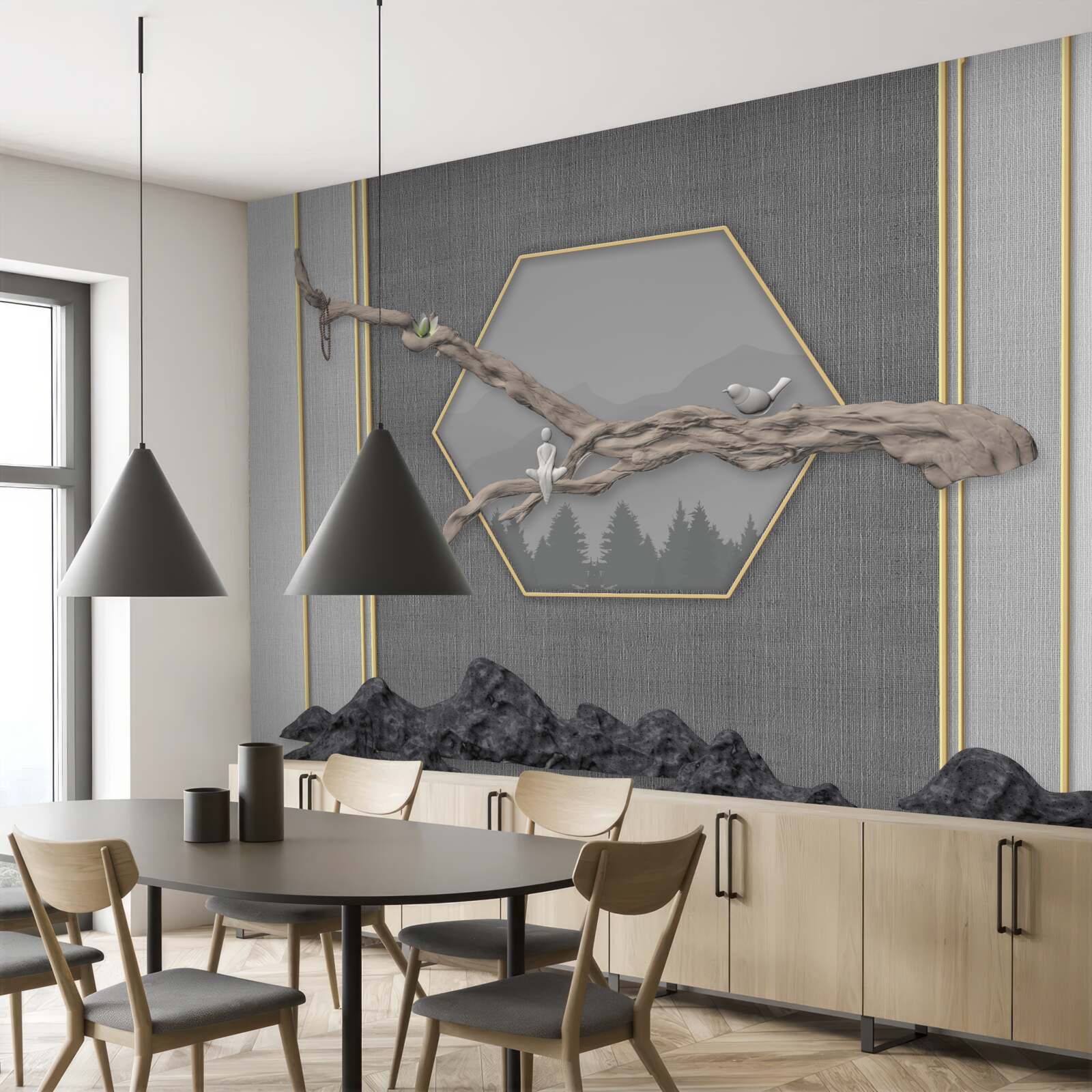 Fototapeta vtáky na konári bonsai cez tmavé horské štíty