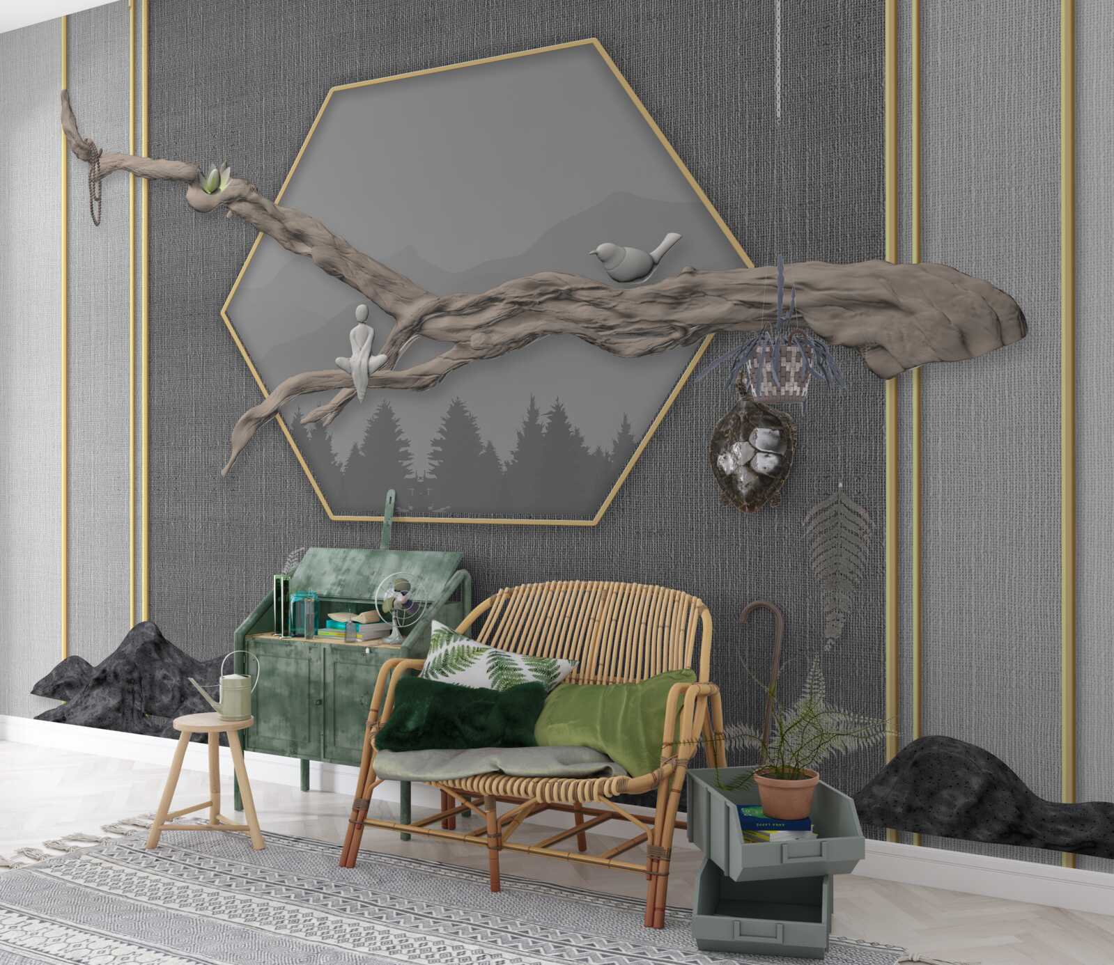 Fototapeta vtáky na konári bonsai cez tmavé horské štíty