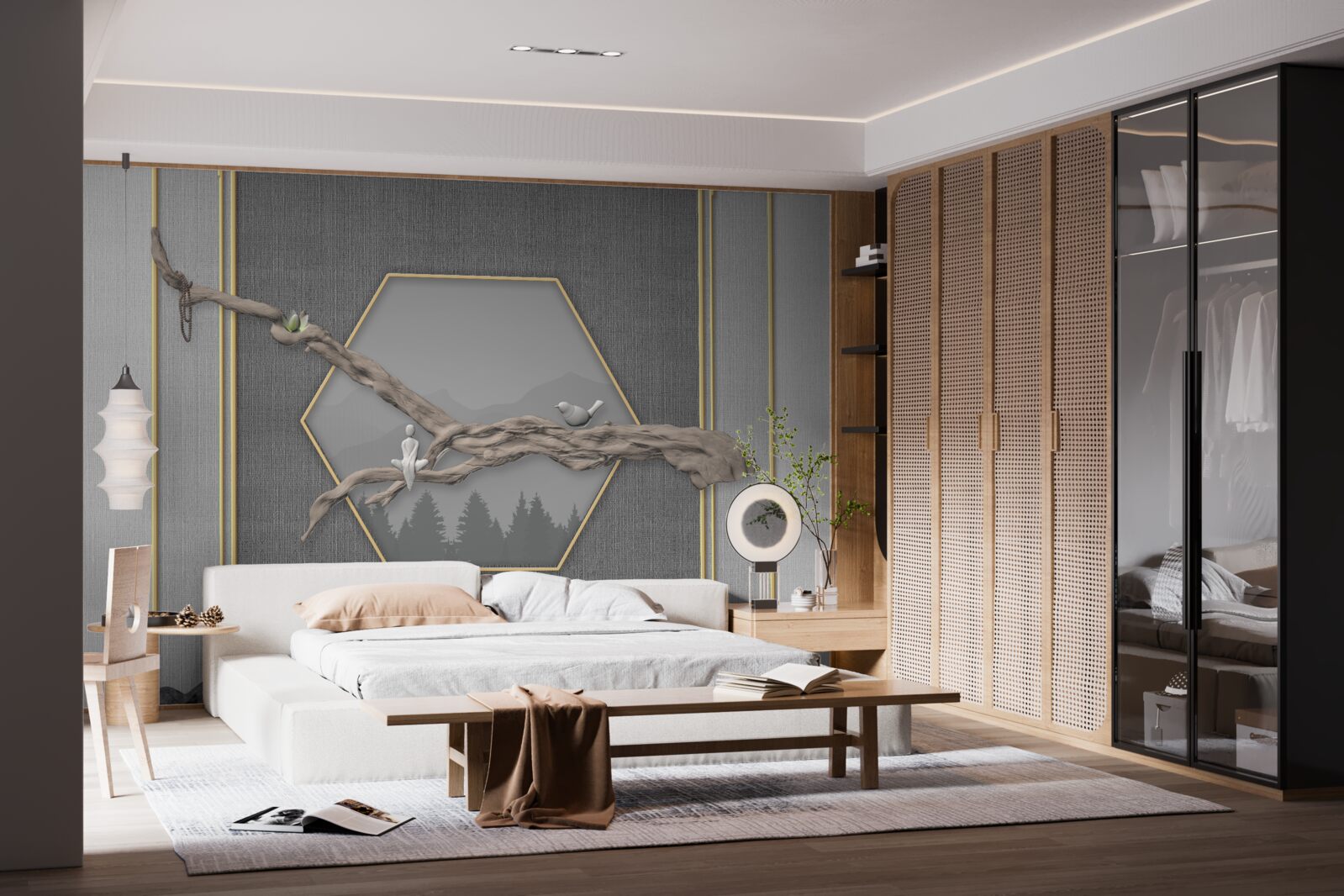 Fototapeta vtáky na konári bonsai cez tmavé horské štíty