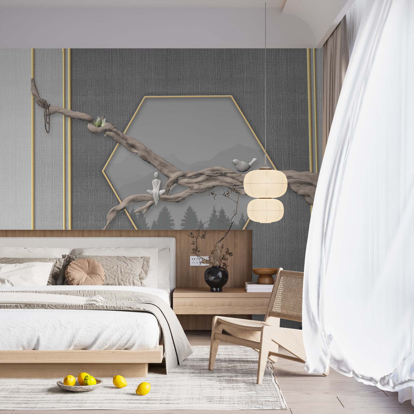 Fototapeta vtáky na konári bonsai cez tmavé horské štíty