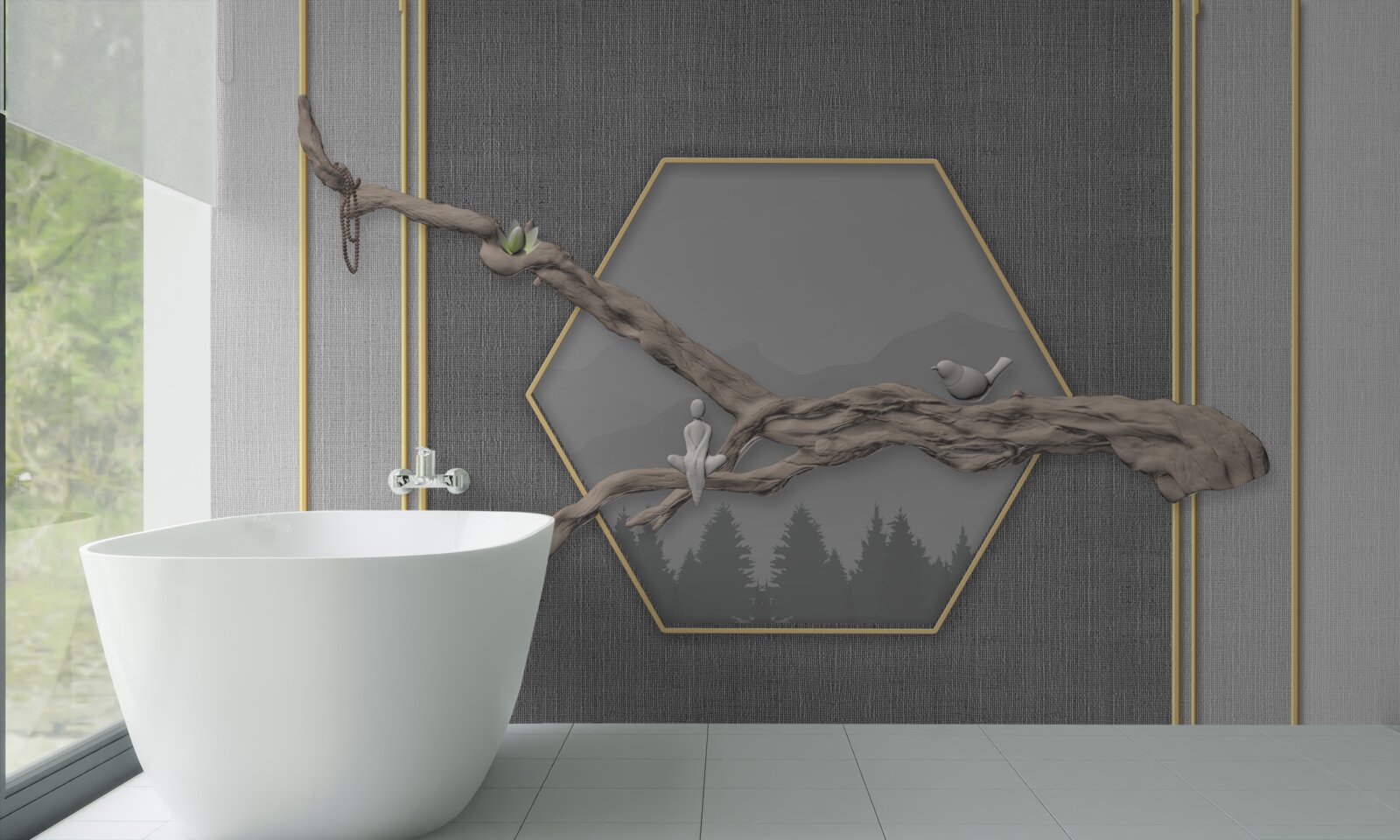 Fototapeta vtáky na konári bonsai cez tmavé horské štíty