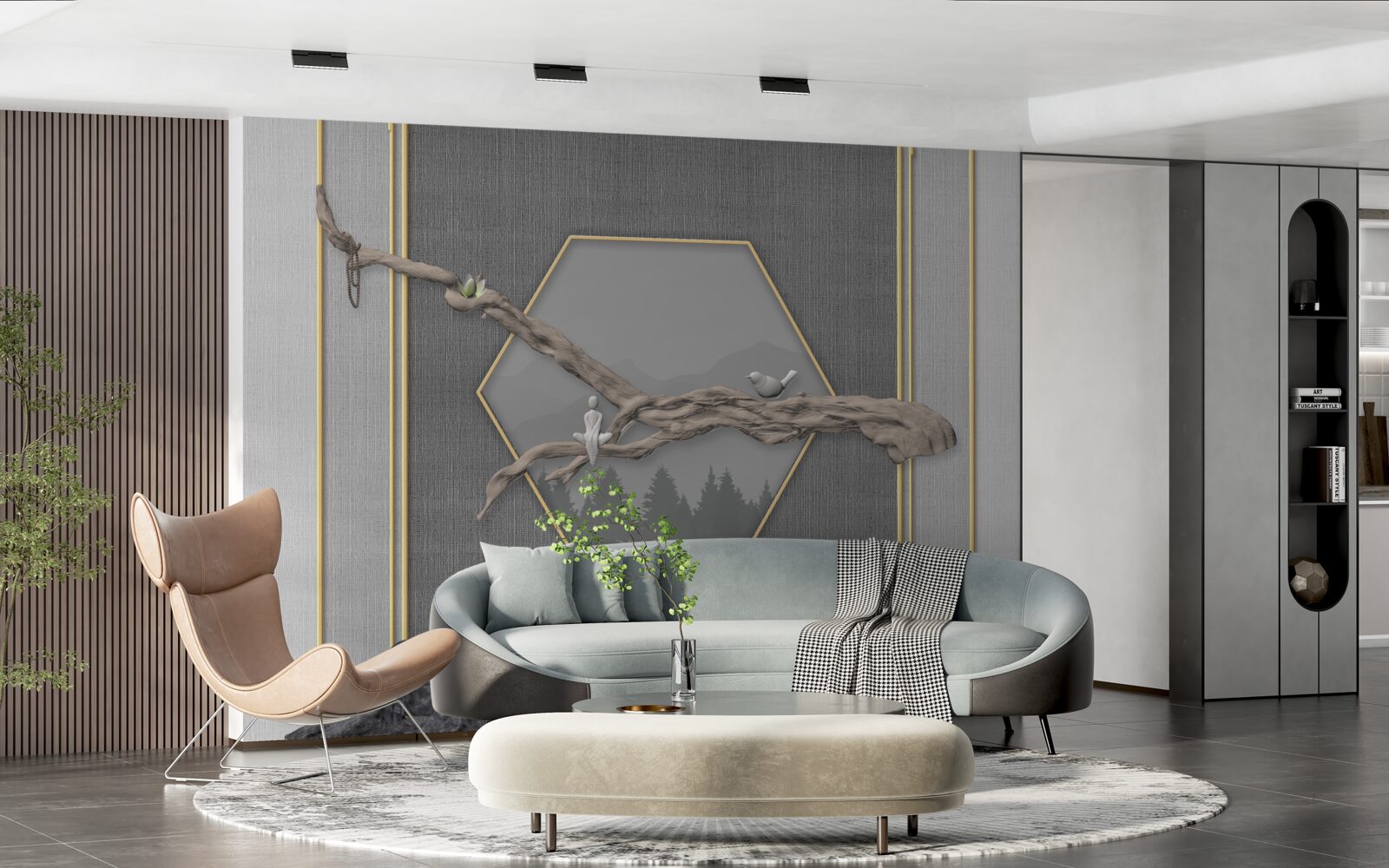 Fototapeta vtáky na konári bonsai cez tmavé horské štíty