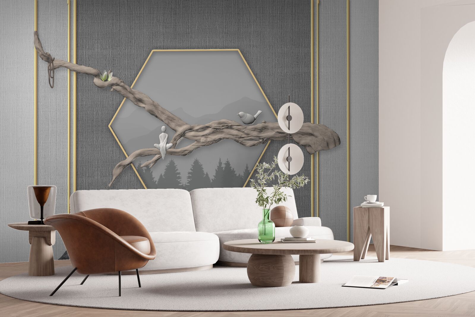 Fototapeta vtáky na konári bonsai cez tmavé horské štíty