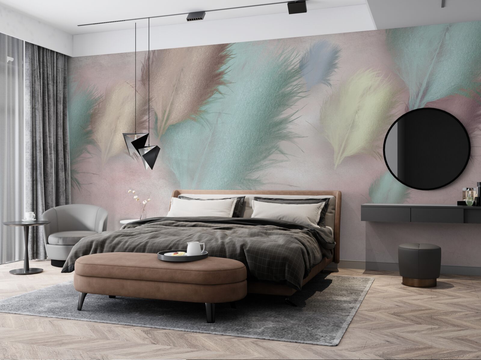 Fototapeta pierka rôznych odtieňov plávajú na pozadí ružovej oblohy