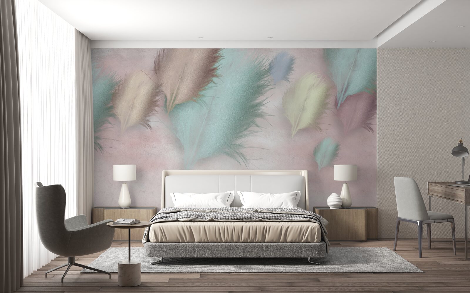 Fototapeta pierka rôznych odtieňov plávajú na pozadí ružovej oblohy