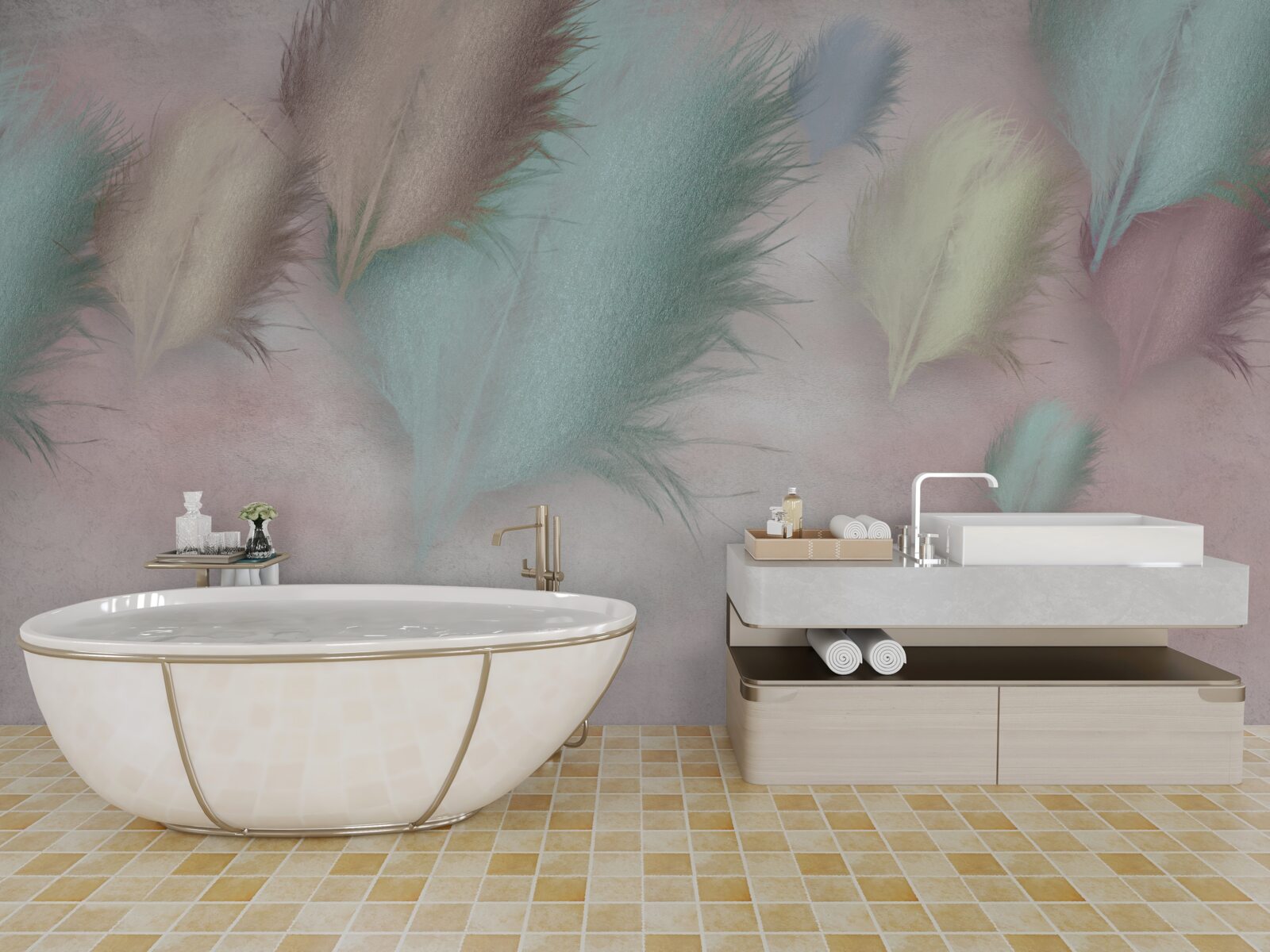 Fototapeta pierka rôznych odtieňov plávajú na pozadí ružovej oblohy