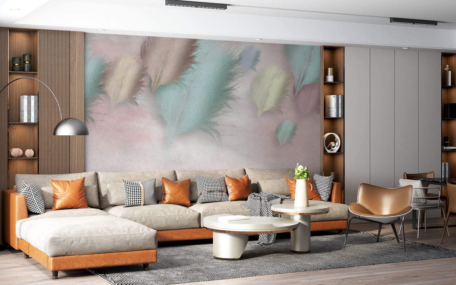 Fototapeta pierka rôznych odtieňov plávajú na pozadí ružovej oblohy