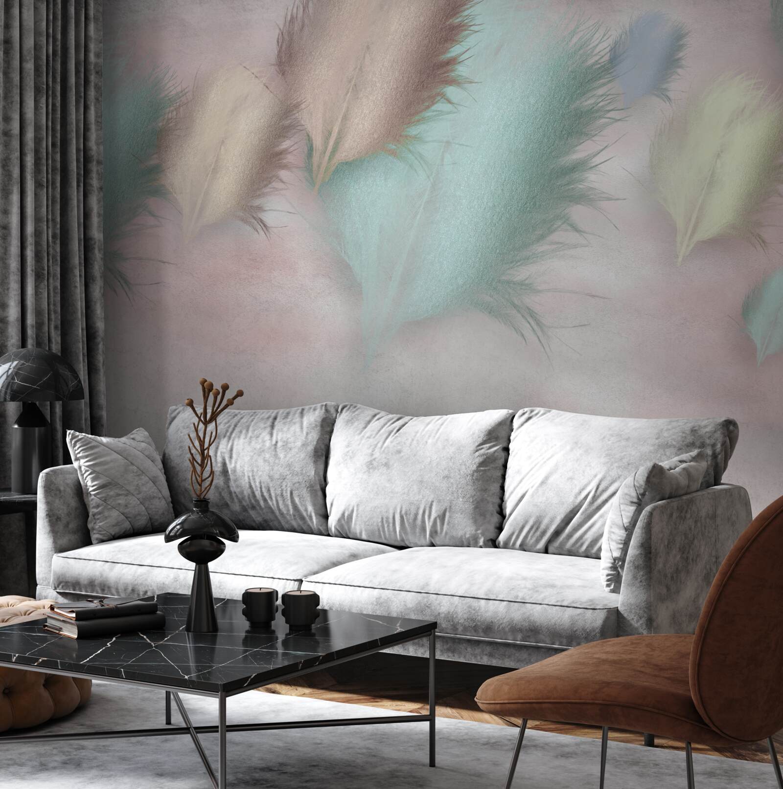 Fototapeta pierka rôznych odtieňov plávajú na pozadí ružovej oblohy