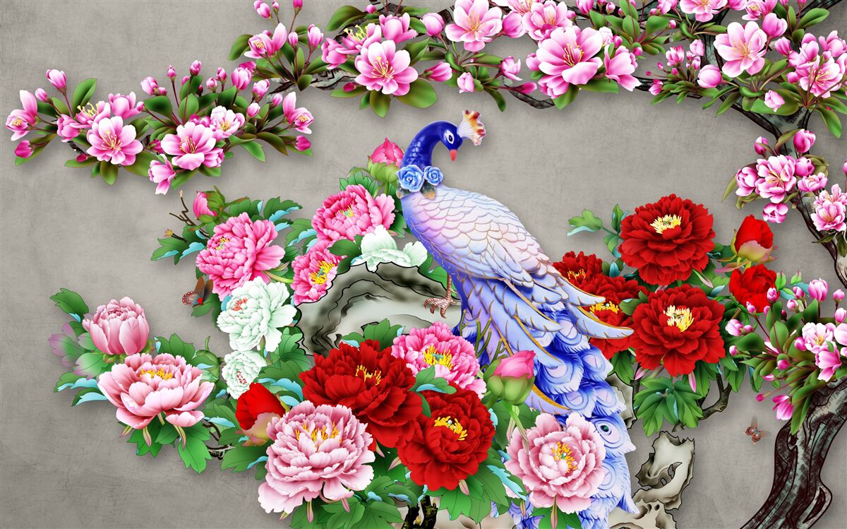 Fototapeta páv s krásnym perím na vetvách kvitnúcich magnólií a ruží