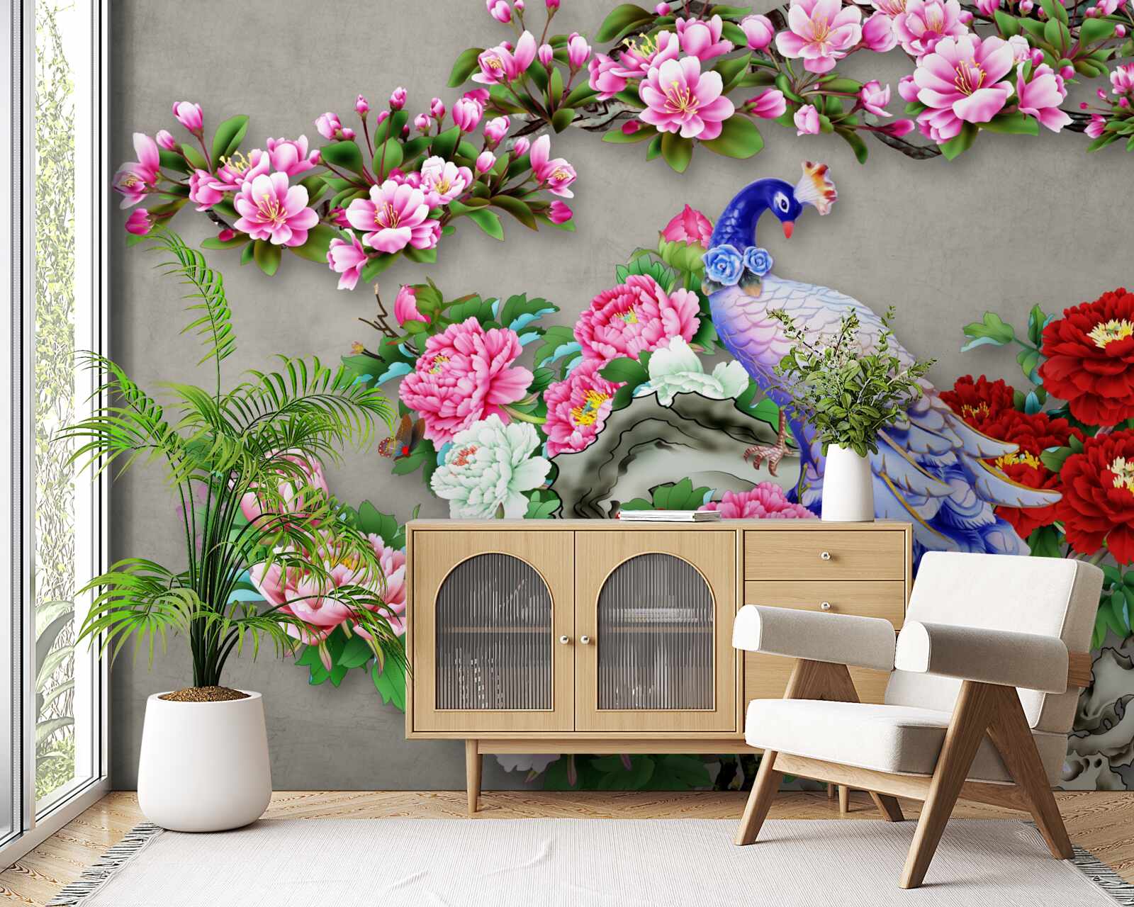 Fototapeta páv s krásnym perím na vetvách kvitnúcich magnólií a ruží