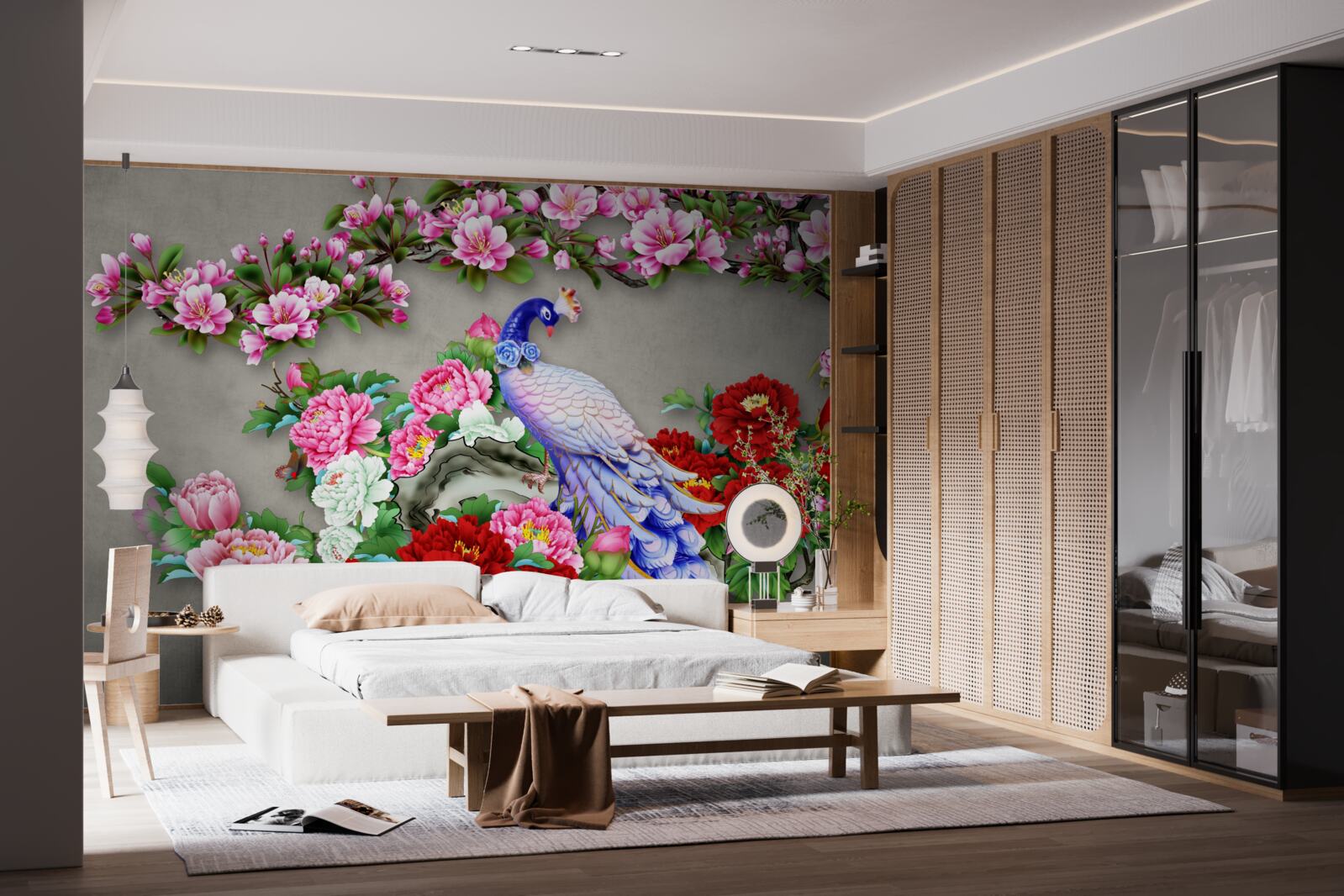 Fototapeta páv s krásnym perím na vetvách kvitnúcich magnólií a ruží