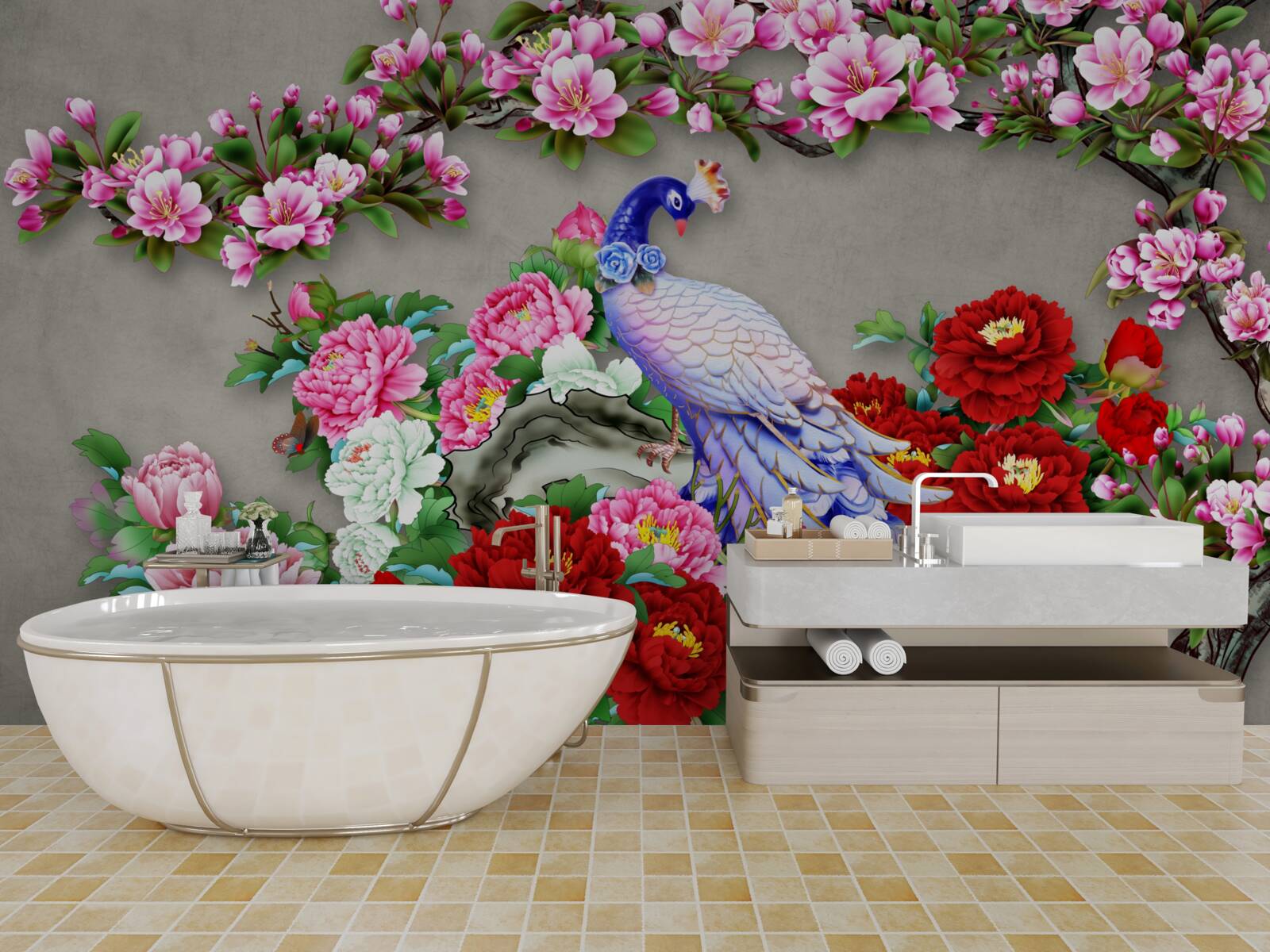 Fototapeta páv s krásnym perím na vetvách kvitnúcich magnólií a ruží