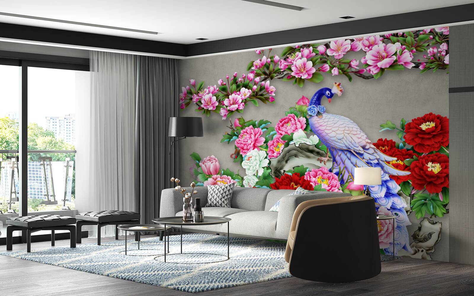 Fototapeta páv s krásnym perím na vetvách kvitnúcich magnólií a ruží