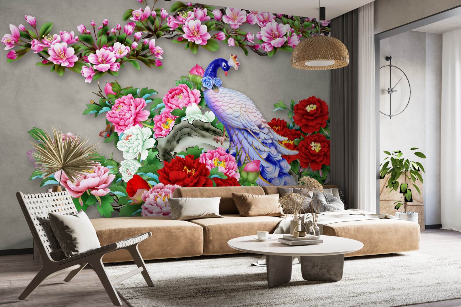 Fototapeta páv s krásnym perím na vetvách kvitnúcich magnólií a ruží