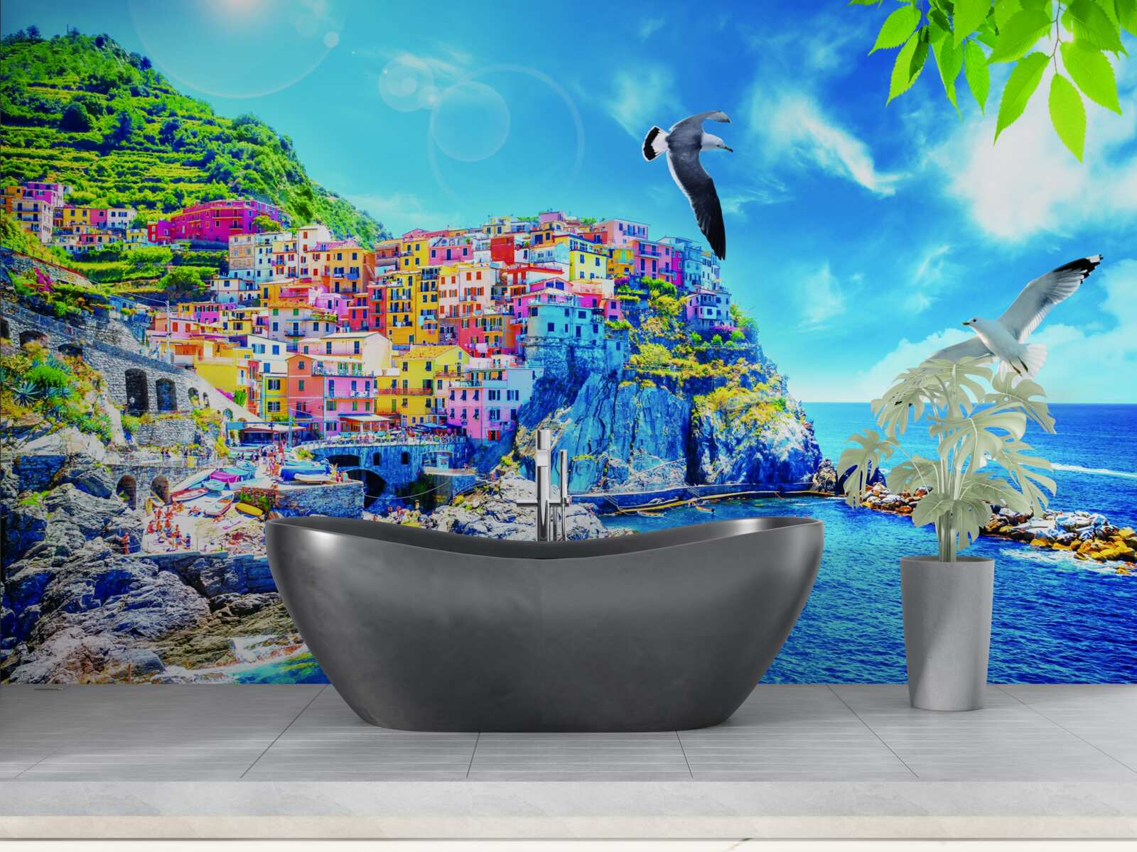 Fototapeta mestečko pri mori, na krásnych útesoch, zaliate jasným svetlom