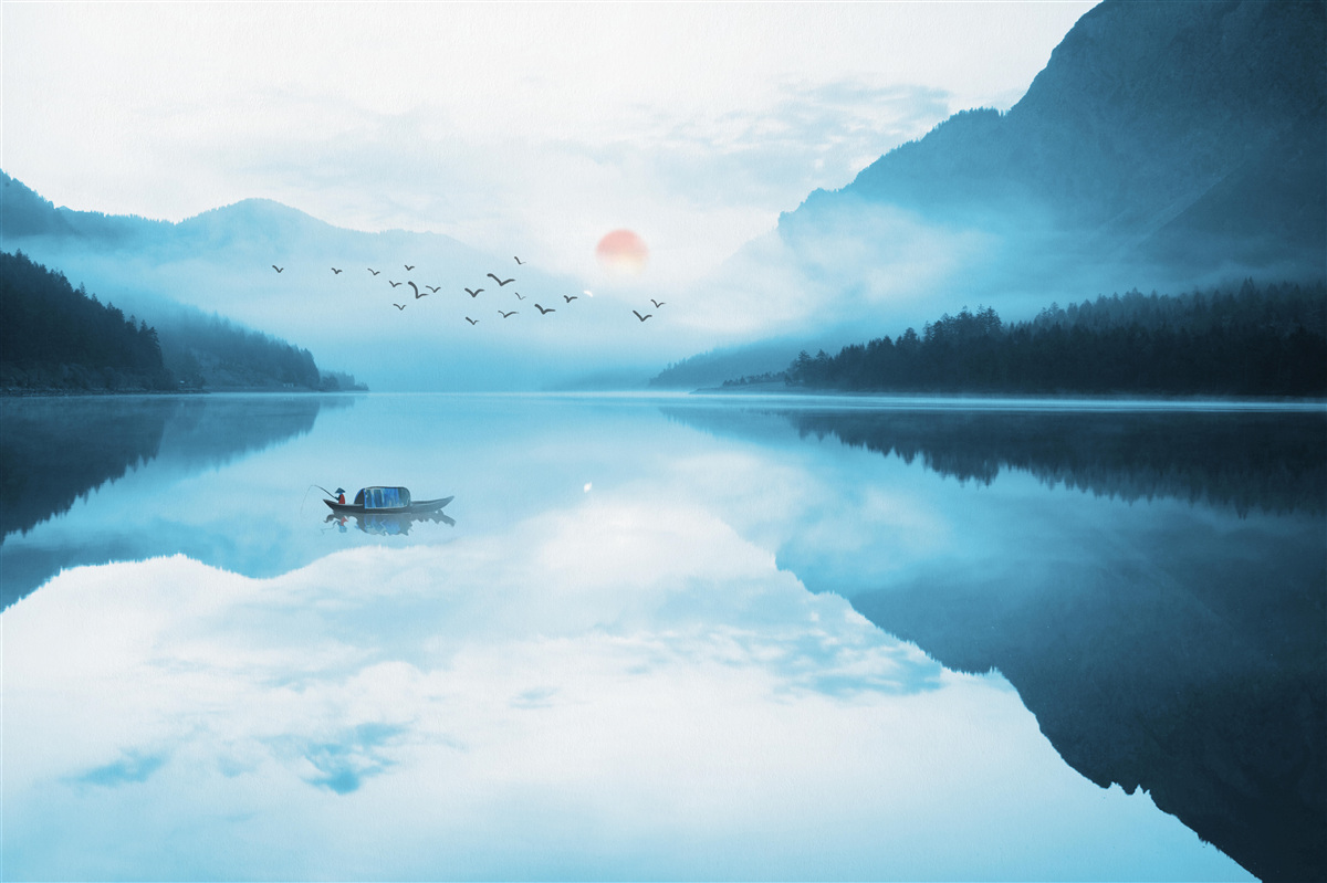 Fototapeta pri západe slnka je rybár v hlbokej vode