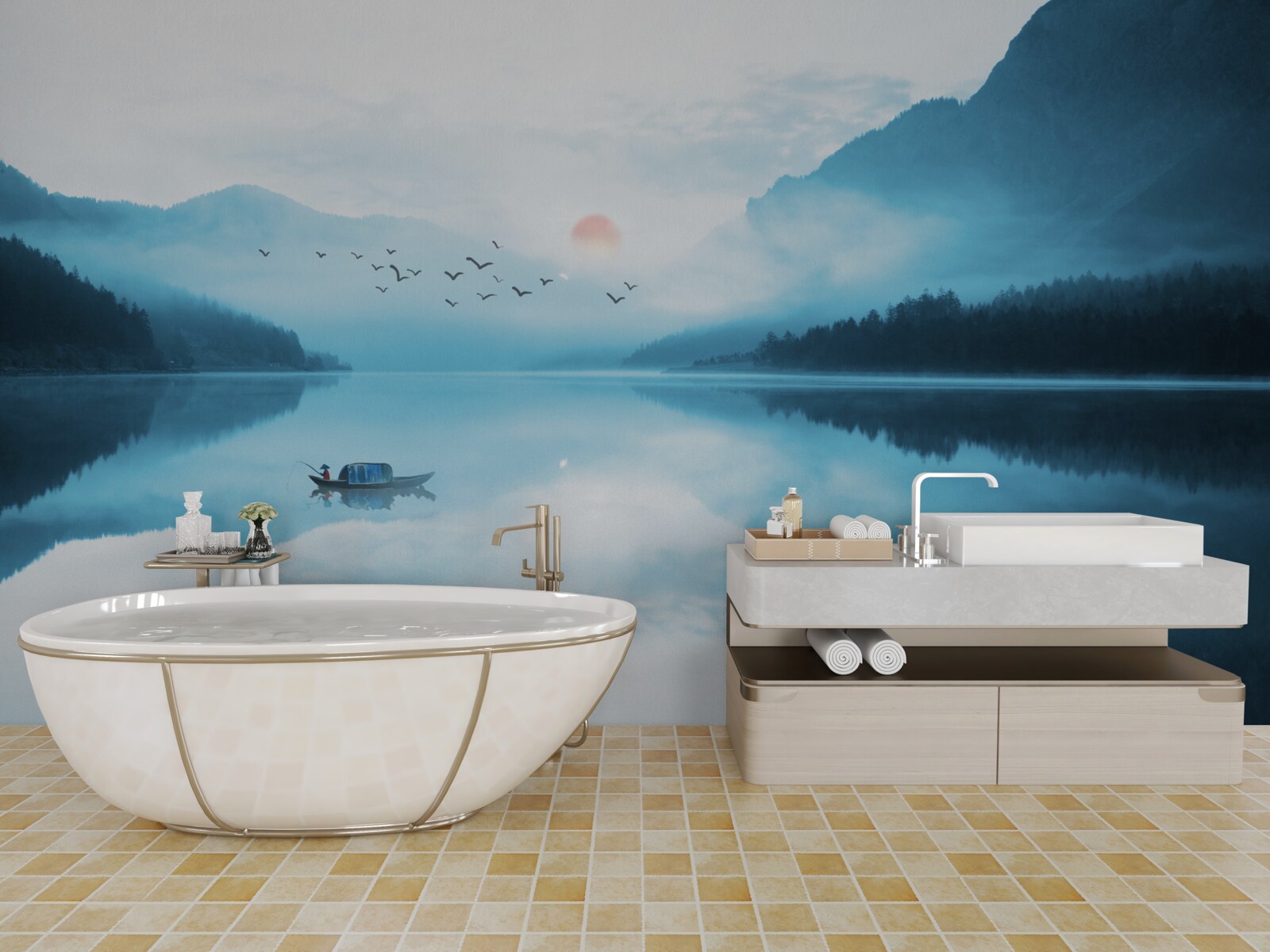 Fototapeta pri západe slnka je rybár v hlbokej vode