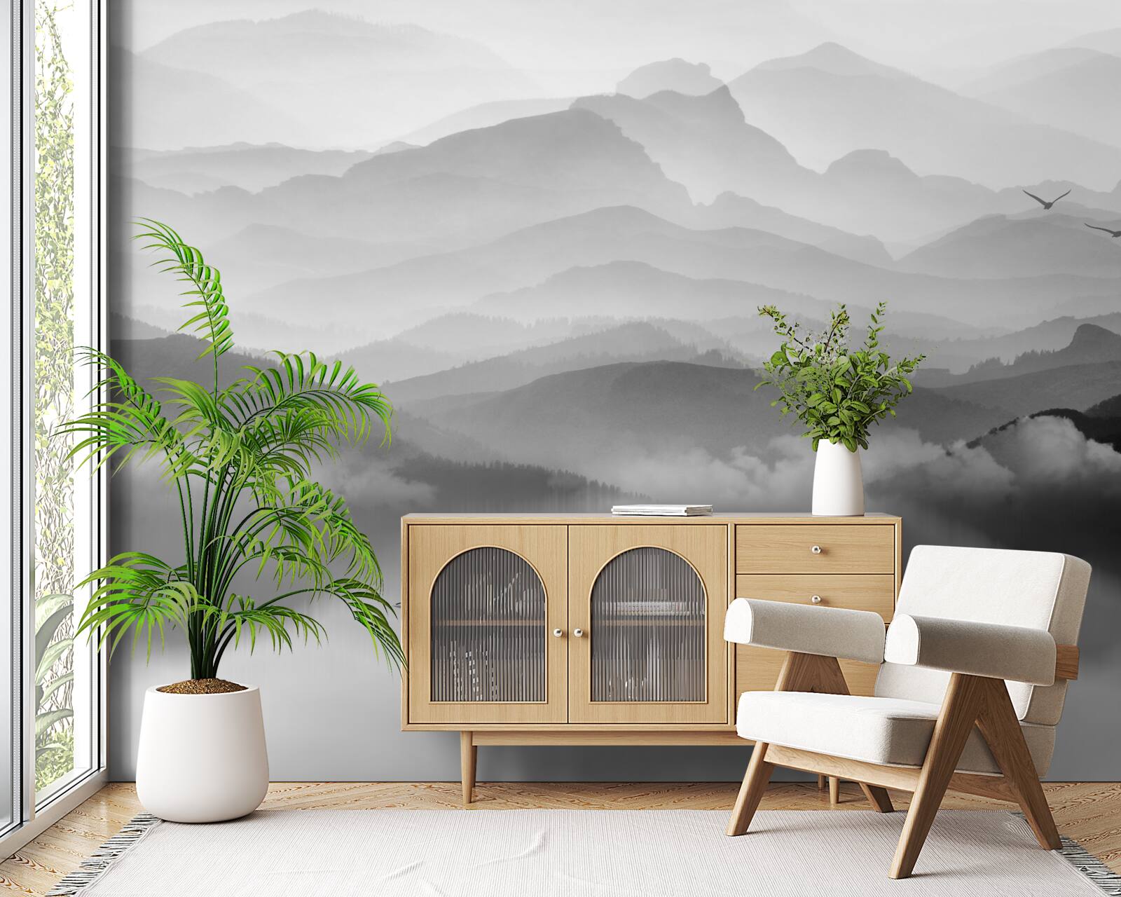 Fototapeta rybár sa vracia cez hmlisté horské jazero