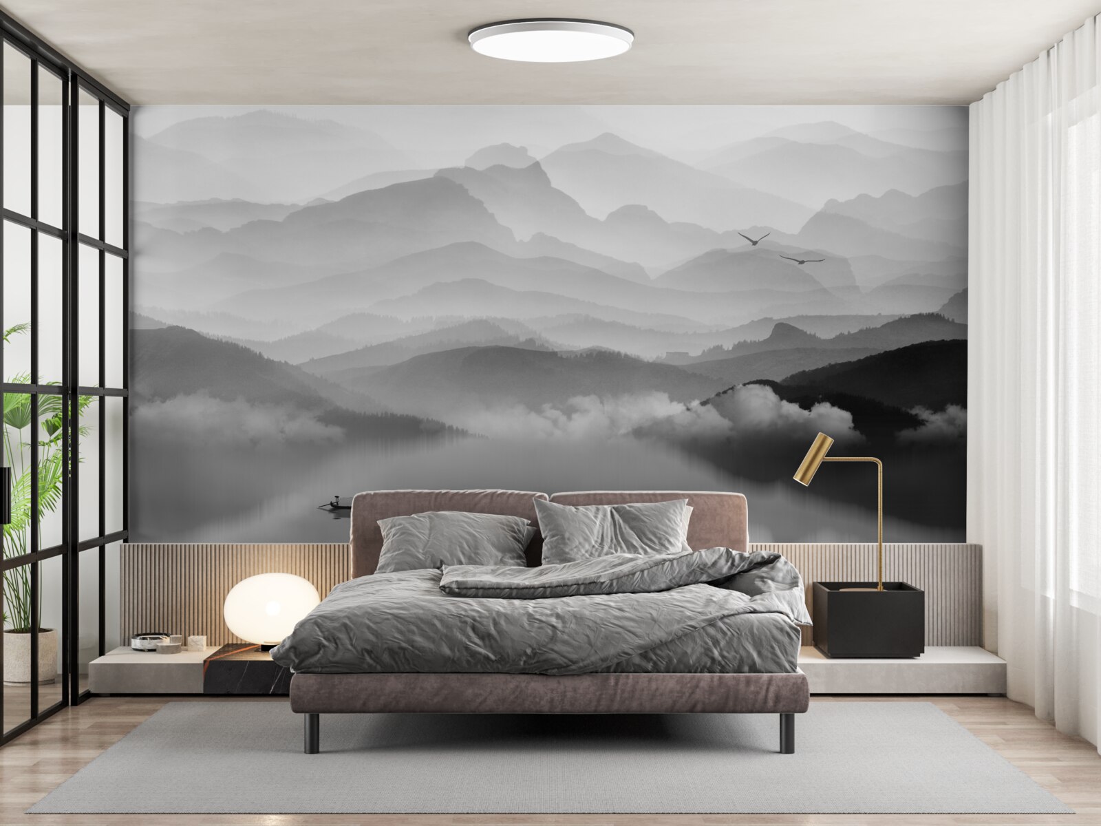 Fototapeta rybár sa vracia cez hmlisté horské jazero